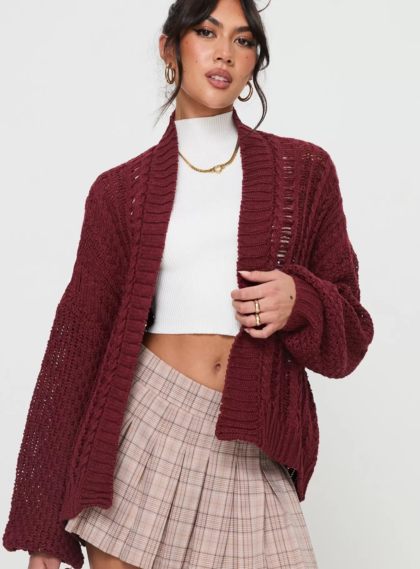 Princess Polly Knitted Sweaters | Abner Cable Cardigan Burgundy