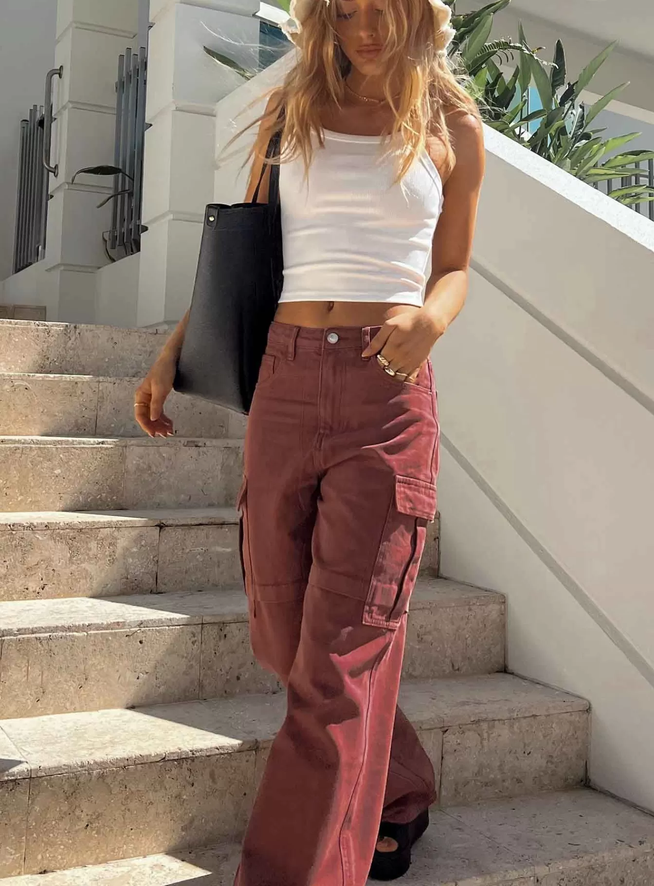 Princess Polly Jeans | Addy Wide Leg Cargo Jeans Burgundy