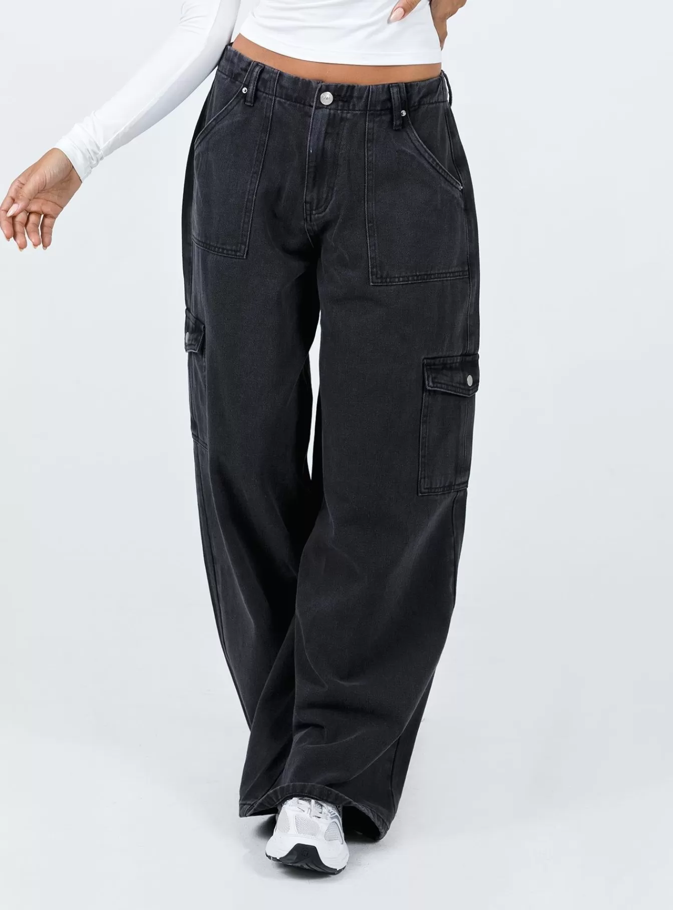 Princess Polly Jeans | Adrianne Wide Leg Cargo Jeans Black