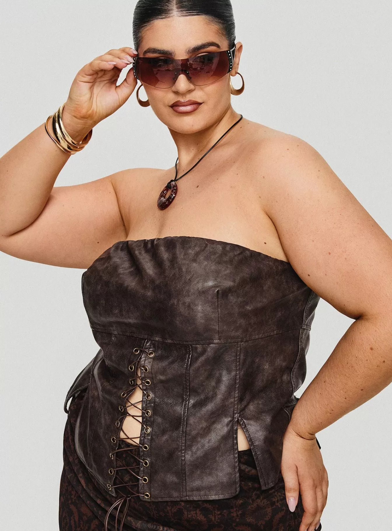 Princess Polly Corsets & Bustiers | Afraid Strapless Faux Leather Top Curve Brown