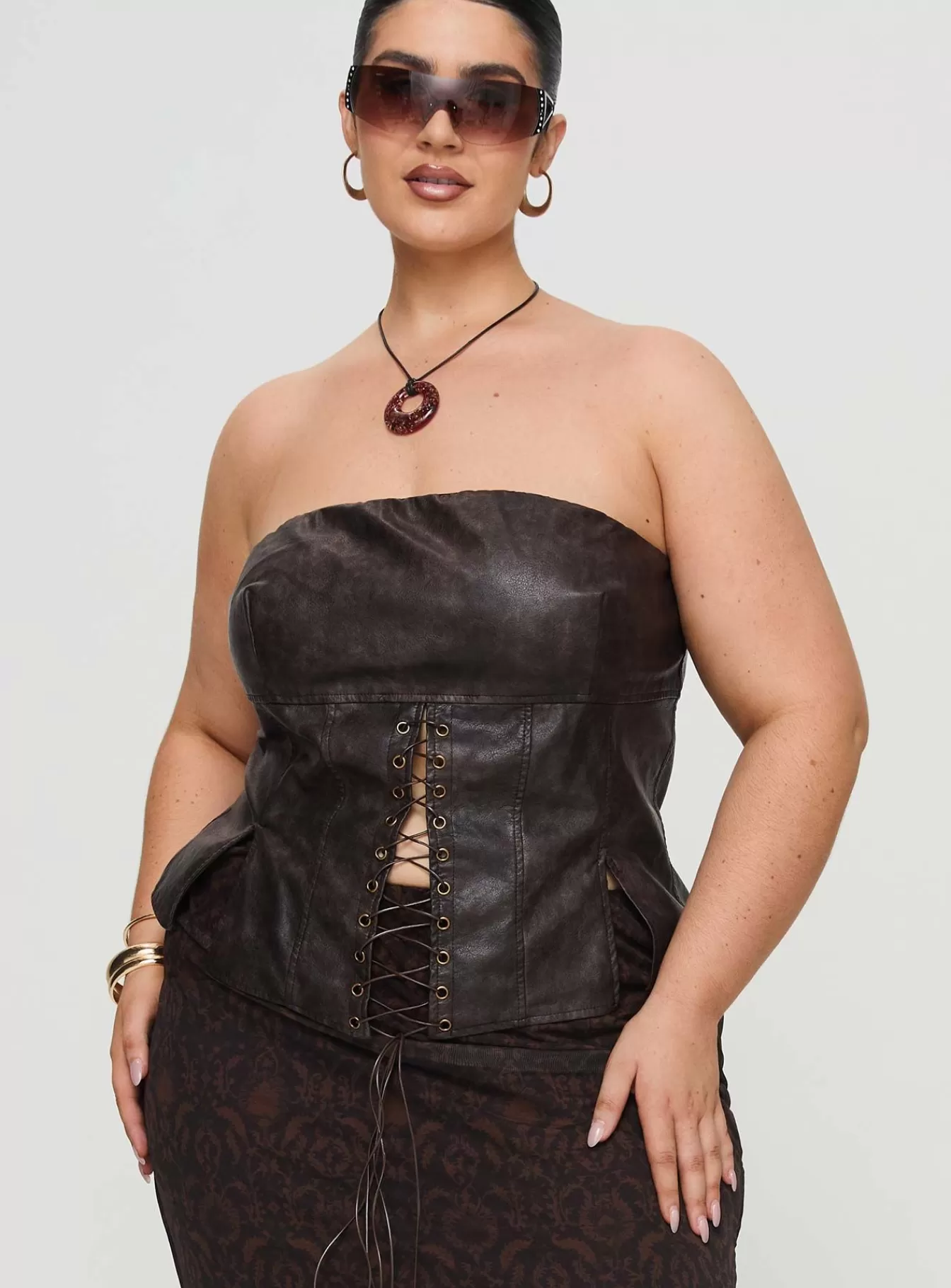 Princess Polly Corsets & Bustiers | Afraid Strapless Faux Leather Top Curve Brown