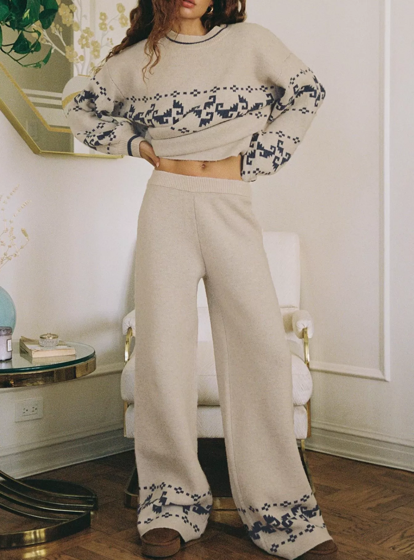 Princess Polly Pants | Alpine Knit Pants Cream / Blue Cream/ Blue