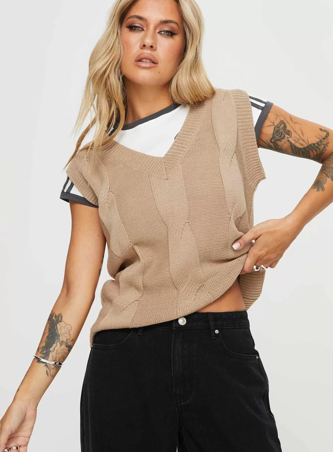 Princess Polly Knitted Sweaters | Altman Cable Knit Vest Beige