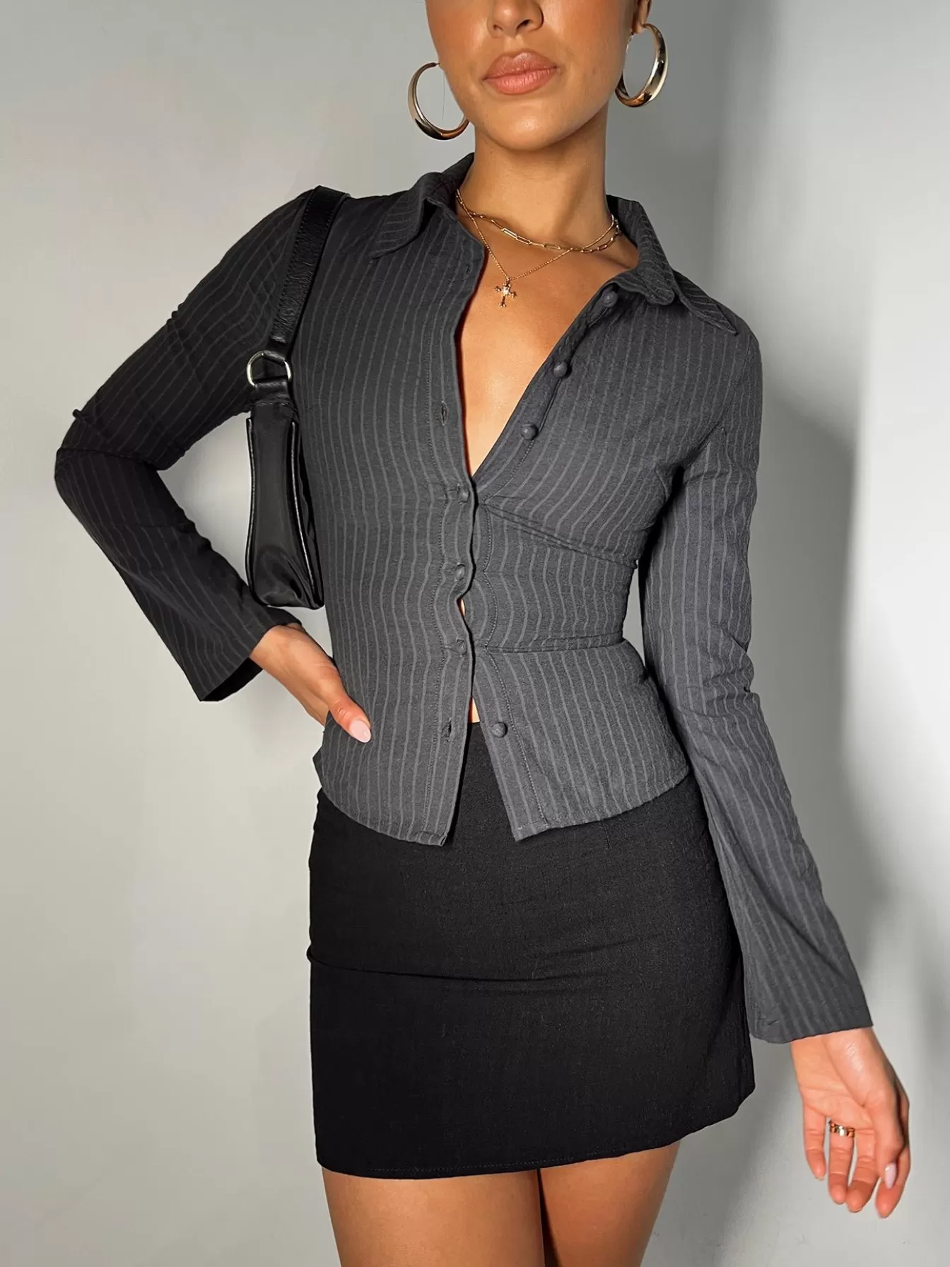 Princess Polly Long Sleeve Tops | Anni Pinstripe Shirt Black