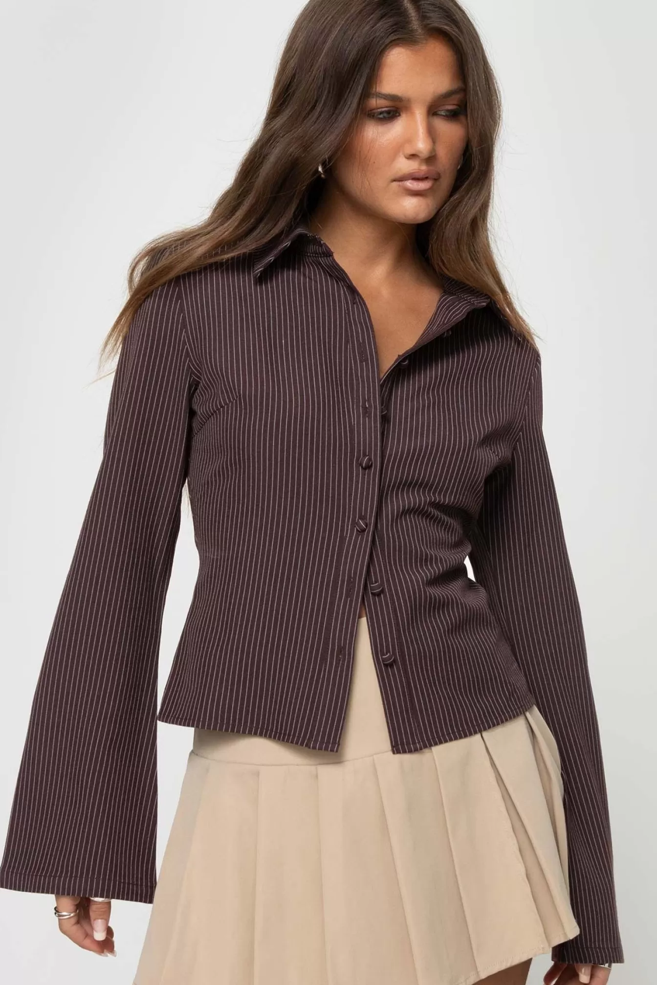 Princess Polly Long Sleeve Tops | Anni Pinstripe Shirt Brown