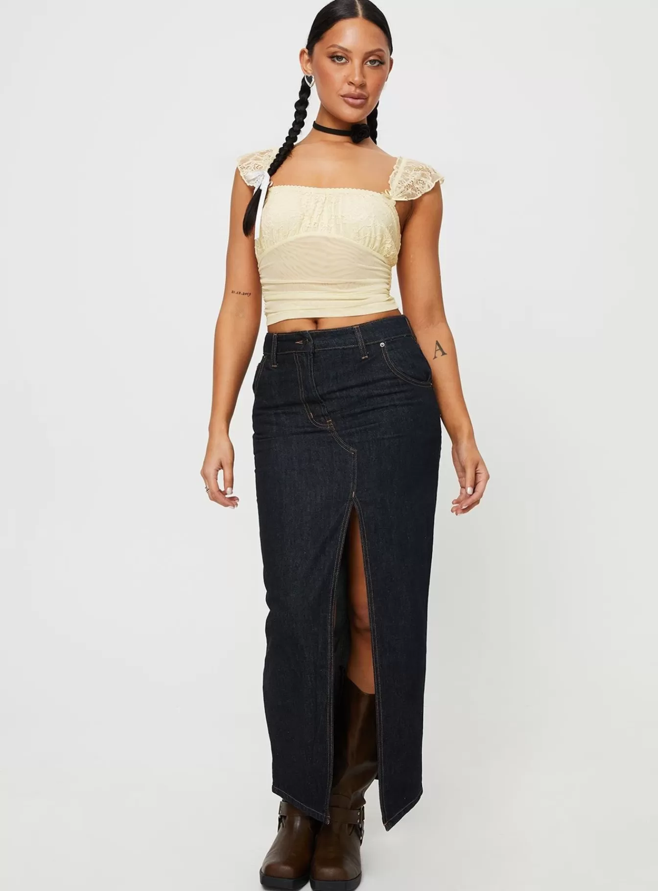Princess Polly Skirts | Barbara Split Midi Skirt Dark Denim