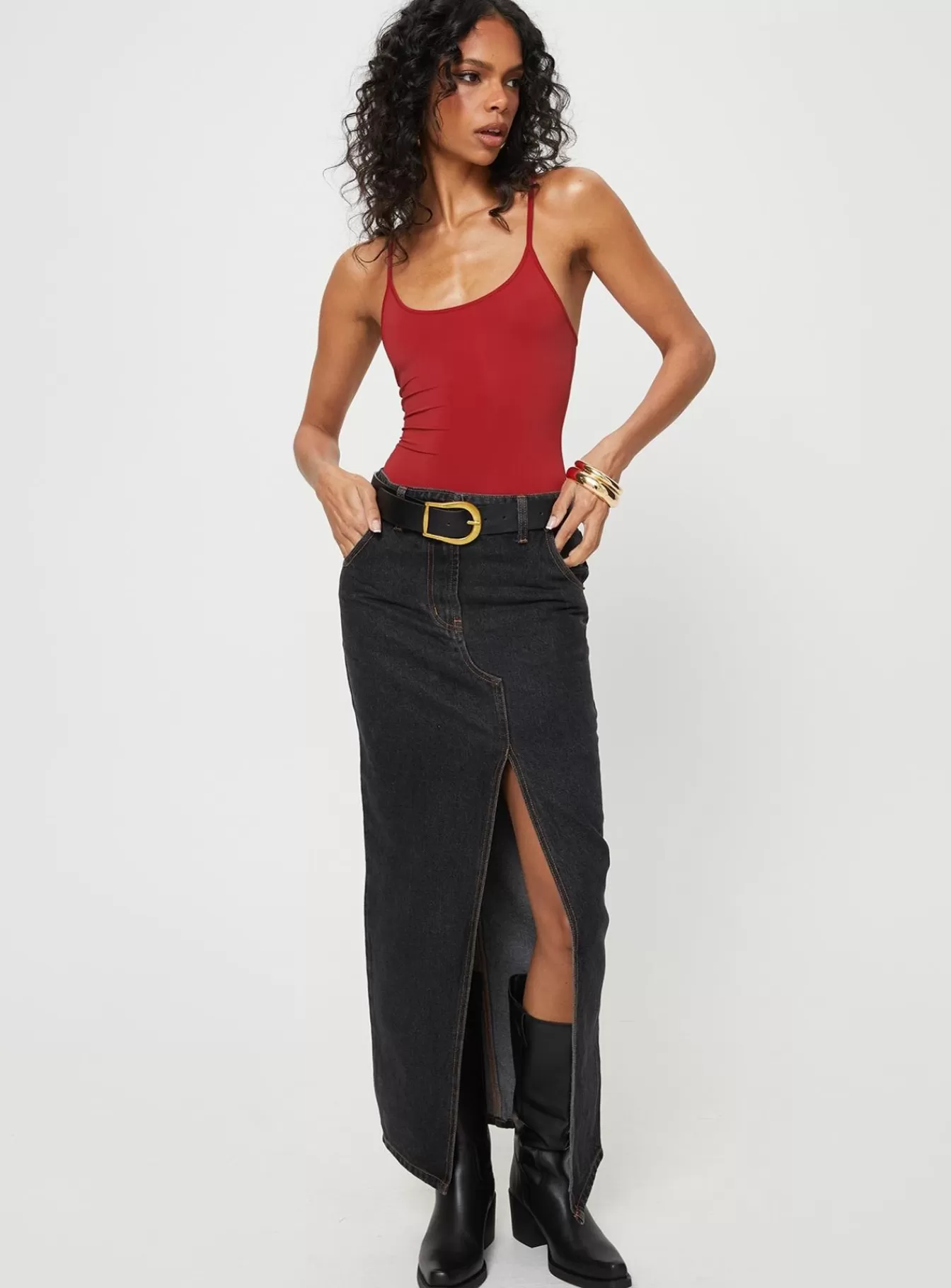 Princess Polly Skirts | Barbara Split Midi Skirt Charcoal Charcoal Denim