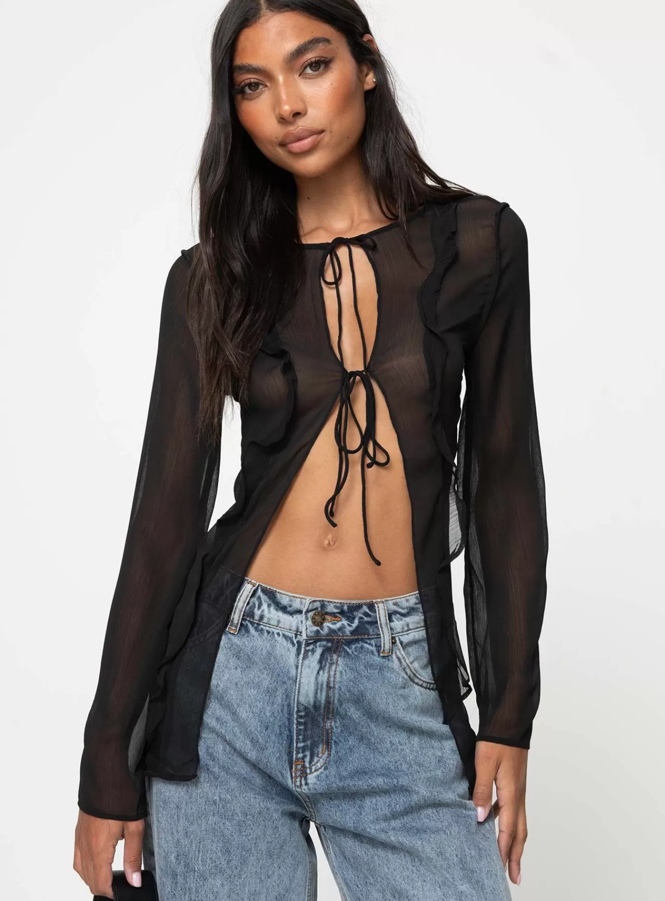 Princess Polly Long Sleeve Tops | Barely There Tie Top Onyx