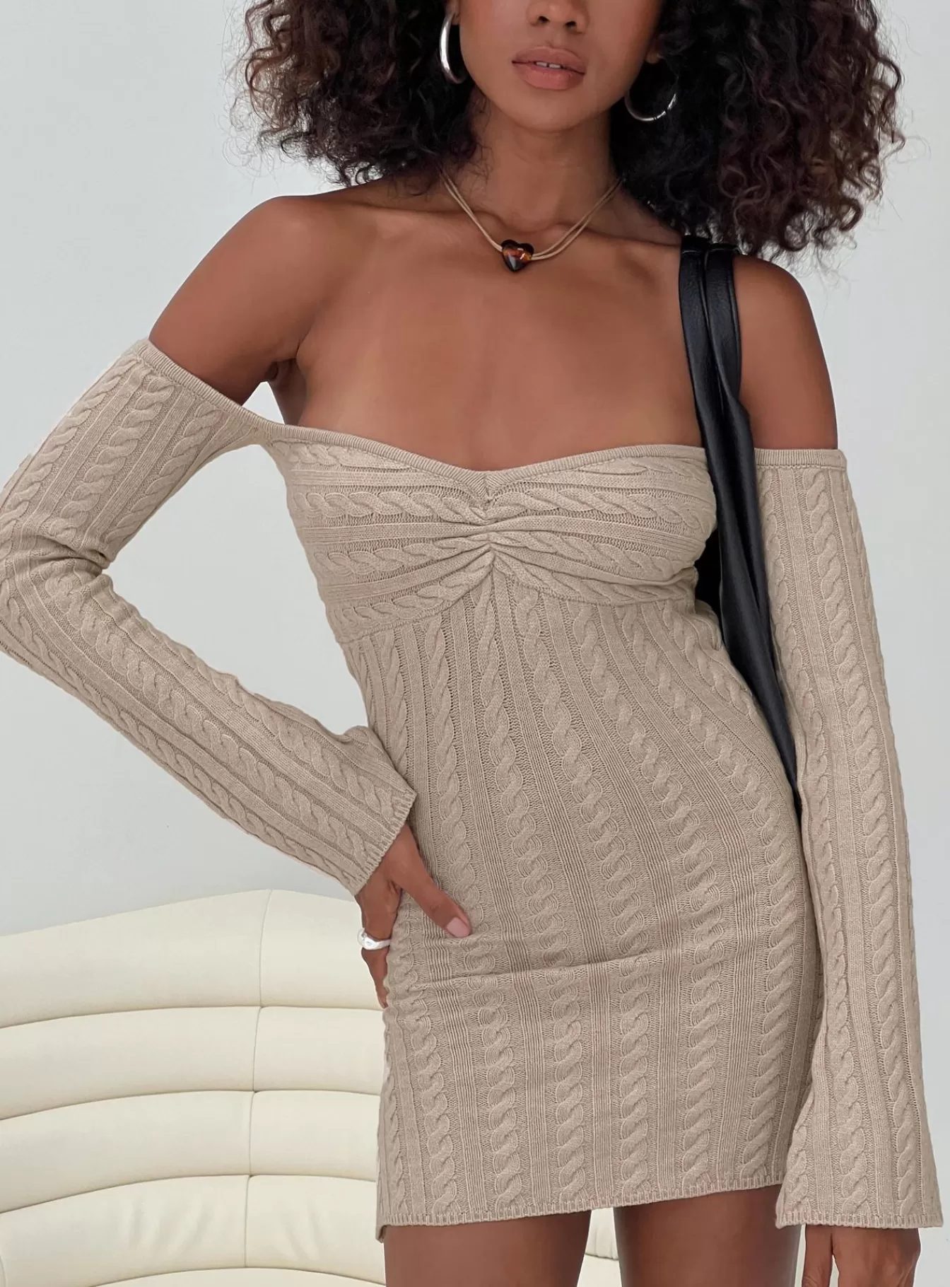 Princess Polly Mini Dresses | Bayard Off The Shoulder Knit Mini Dress Beige