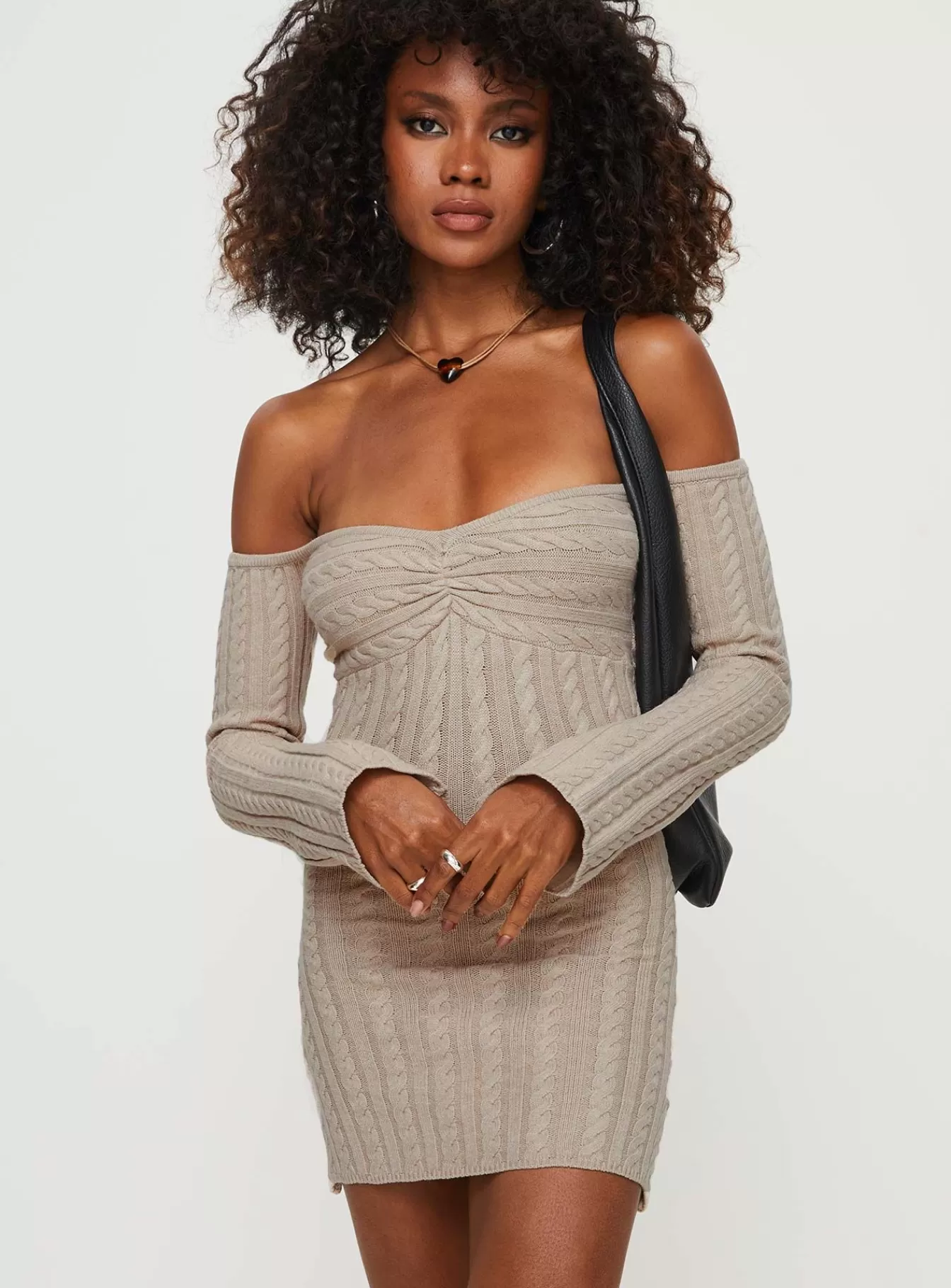 Princess Polly Mini Dresses | Bayard Off The Shoulder Knit Mini Dress Beige