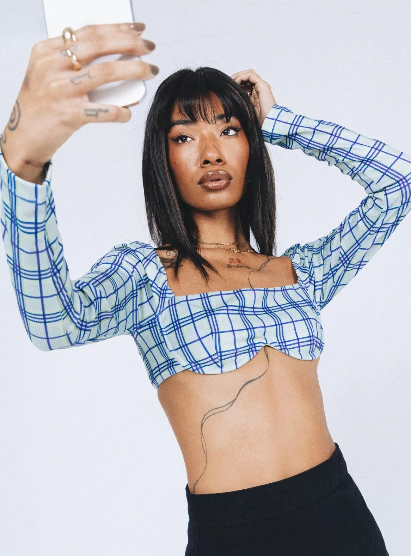 Princess Polly Long Sleeve Tops | Becca Long Sleeve Crop Top Green Check