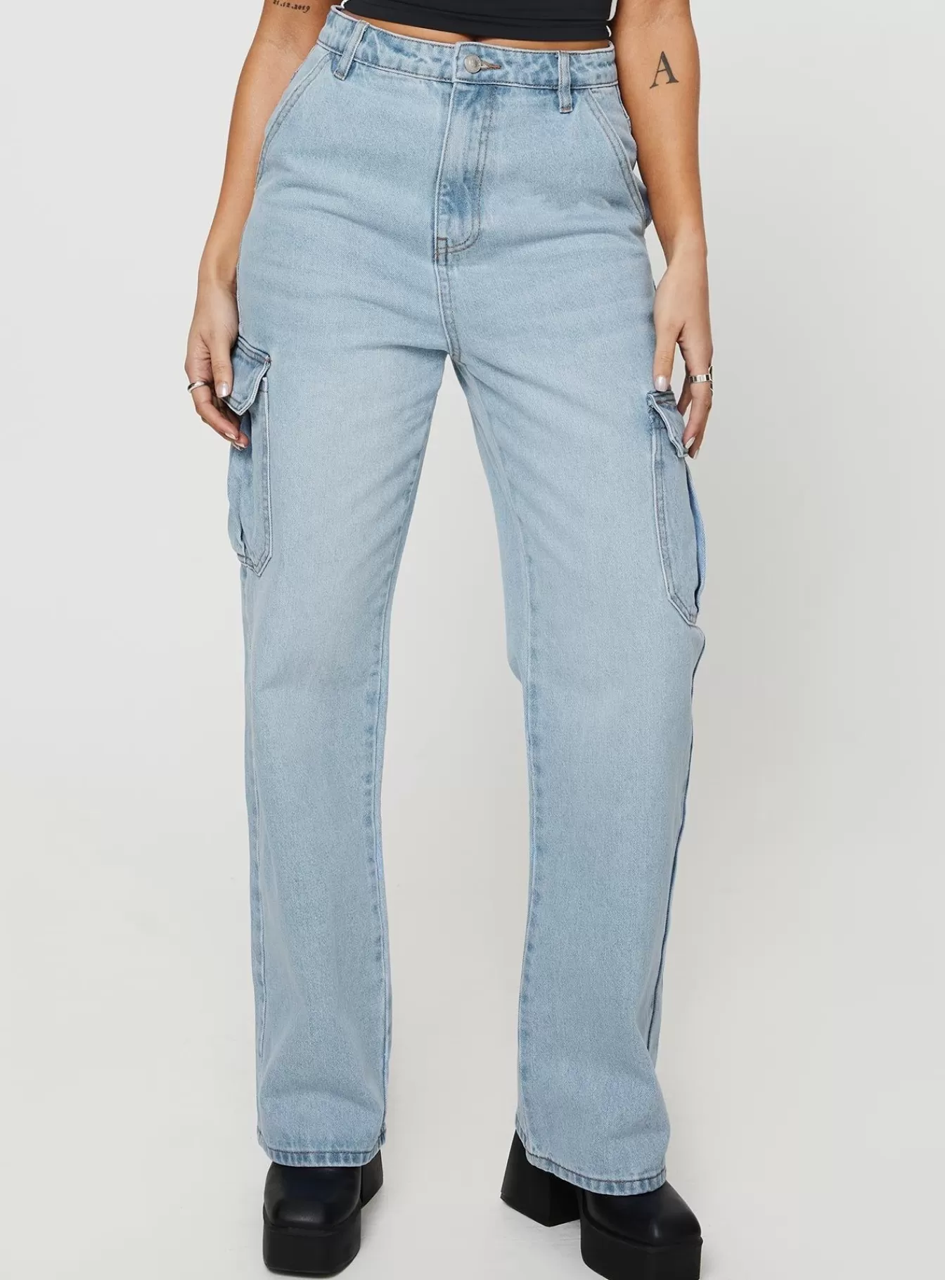 Princess Polly Jeans | Belgrove Cargo Jeans Mid Wash Denim