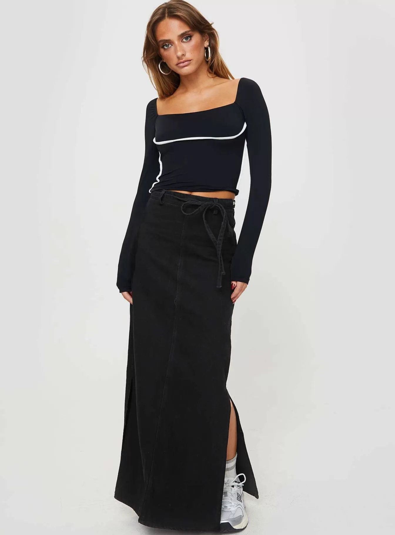 Princess Polly Skirts | Brandee Tie Front Denim Maxi Skirt Black Wash