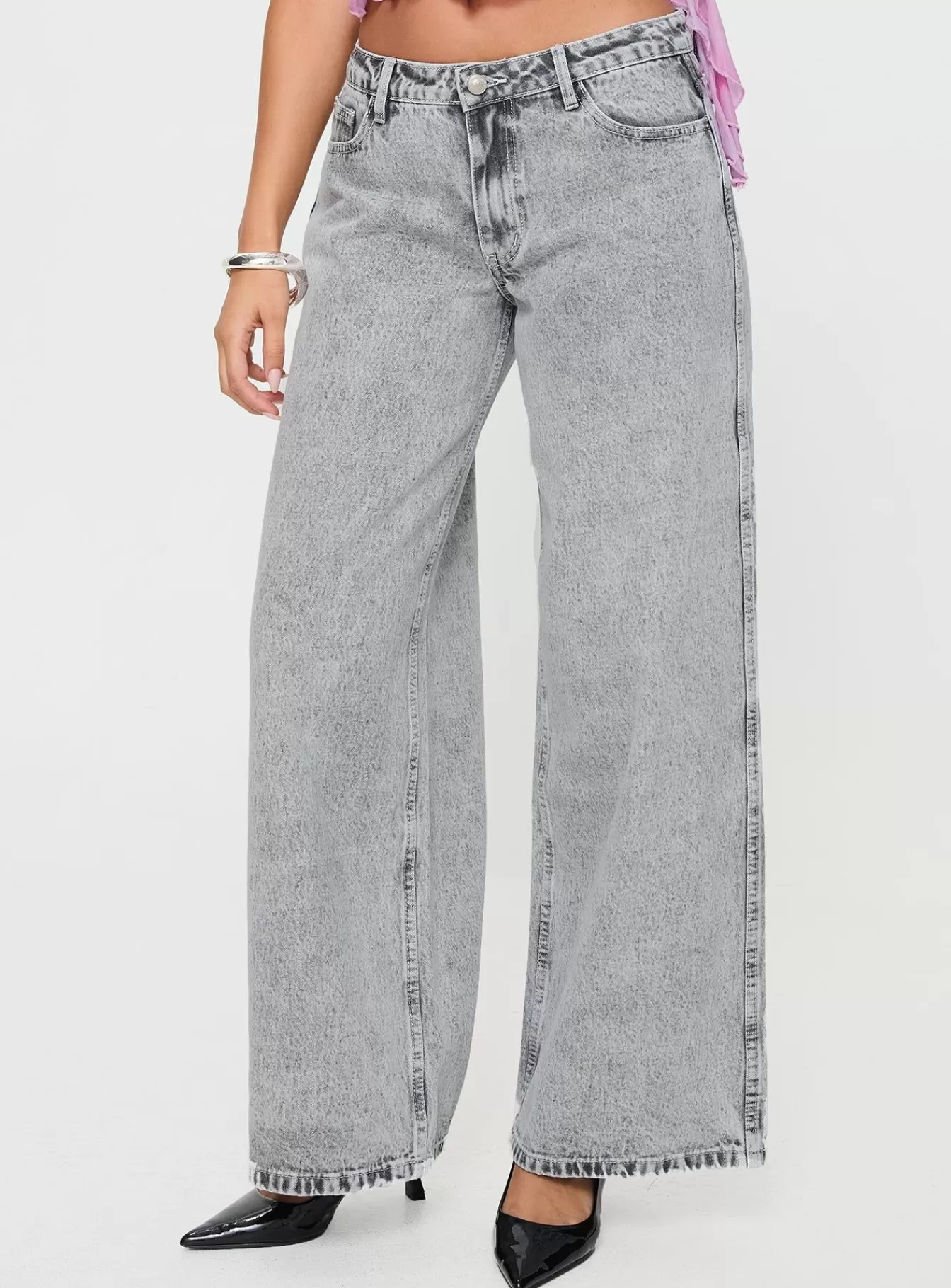 Princess Polly Jeans | Brayden Low Wise Relaxed Jeans Grey Acid Wash