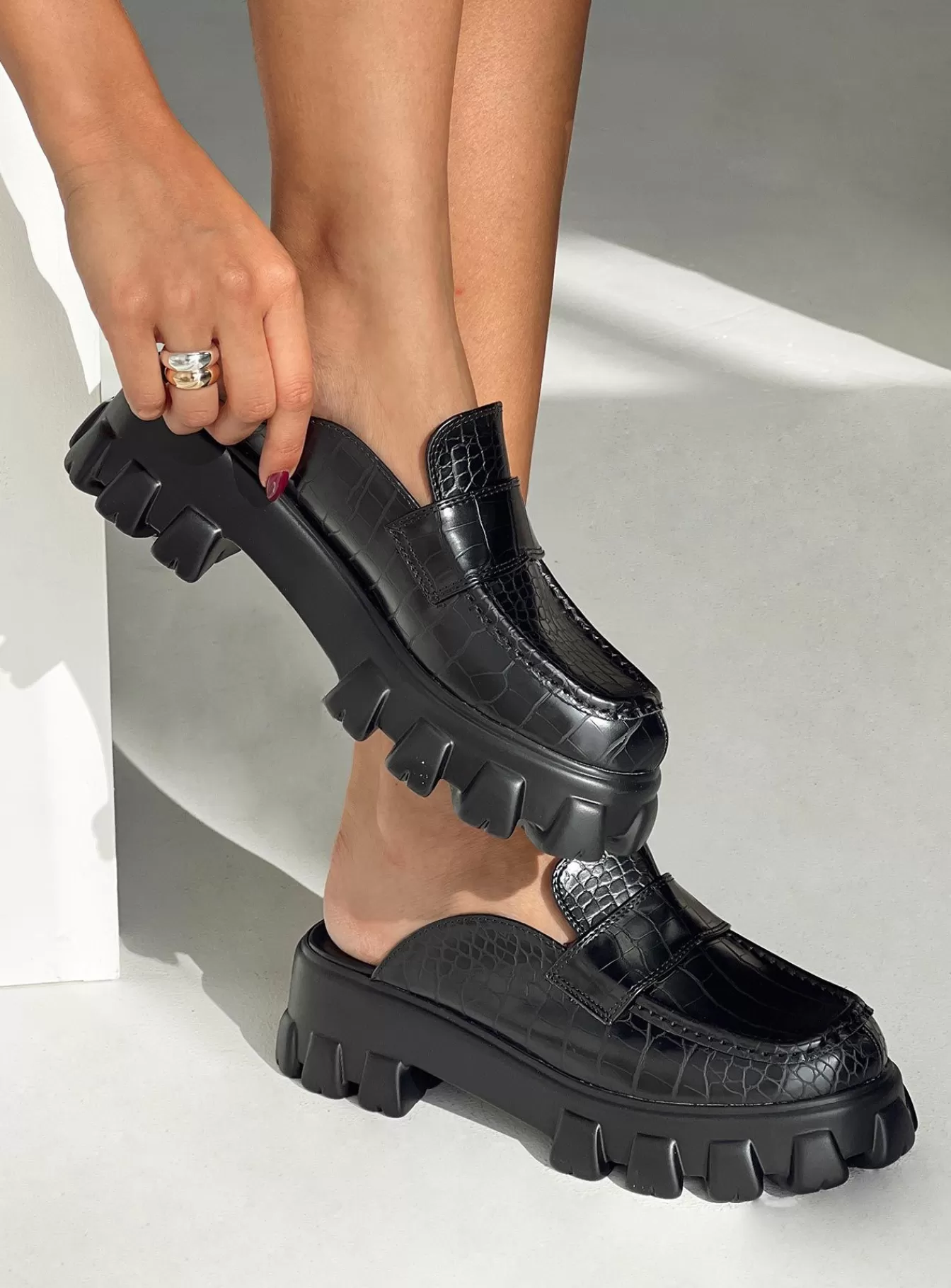 Princess Polly Loafers | But U Mules Black Croc