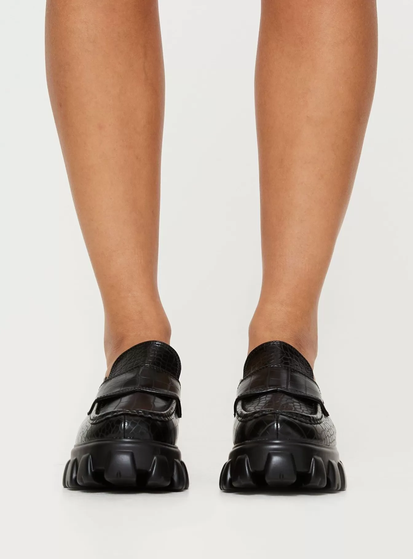 Princess Polly Loafers | But U Mules Black Croc