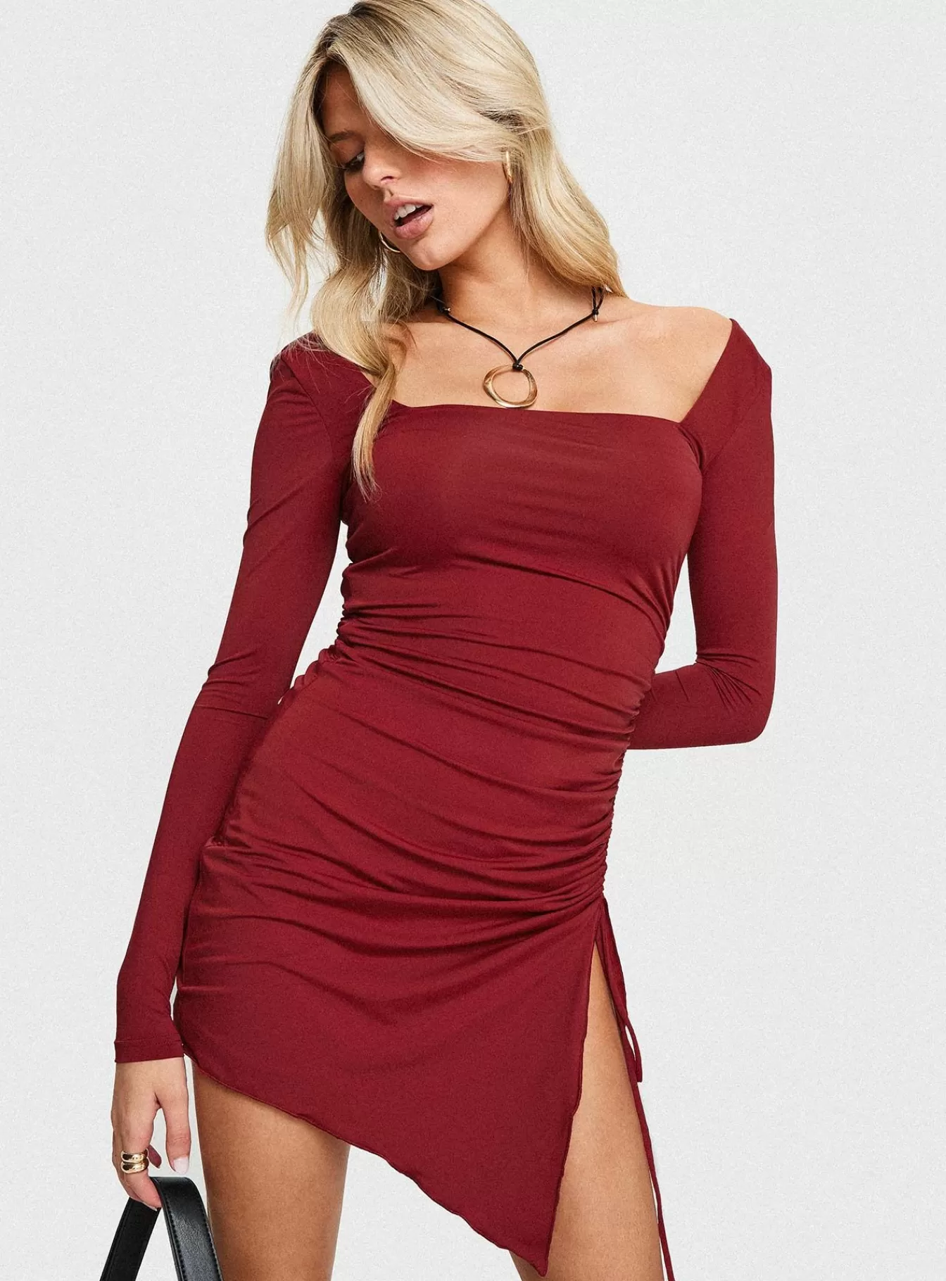 Princess Polly Mini Dresses | Caprani Long Sleeve Mini Dress Burgundy