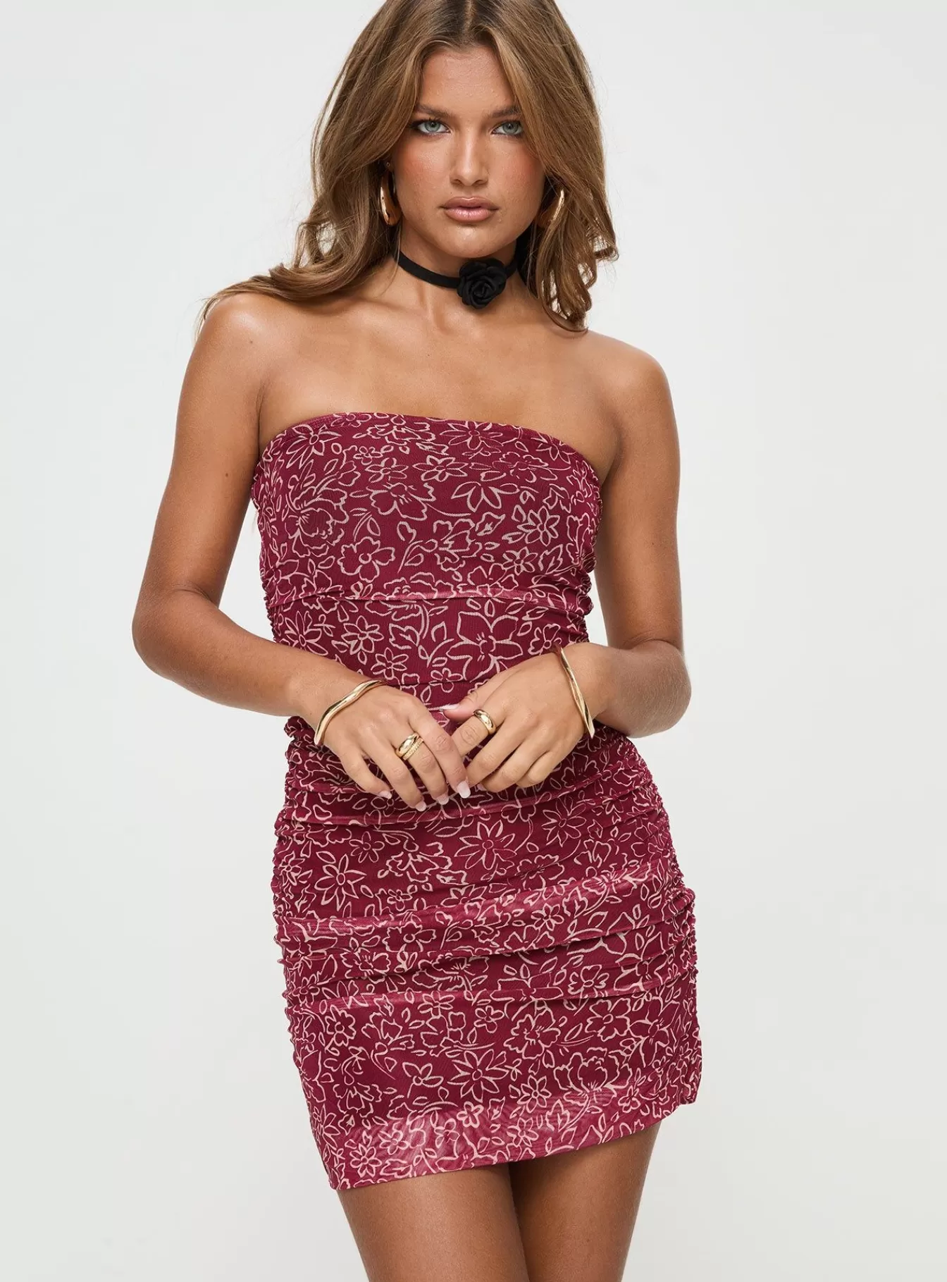 Princess Polly Mini Dresses | Capucine Strapless Mini Dress Red Floral