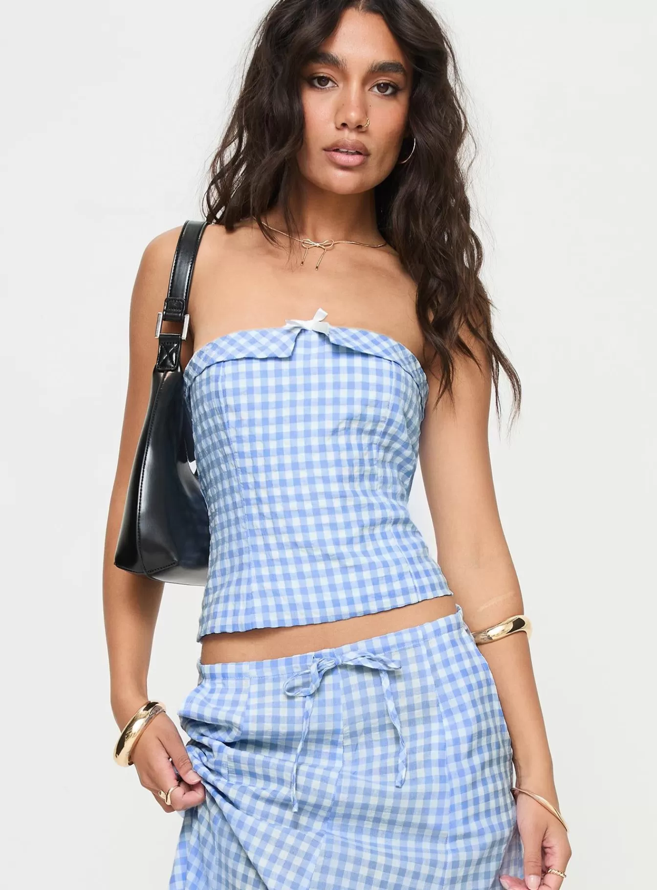 Princess Polly Crop Tops | Carmino Strapless Top Blue Check