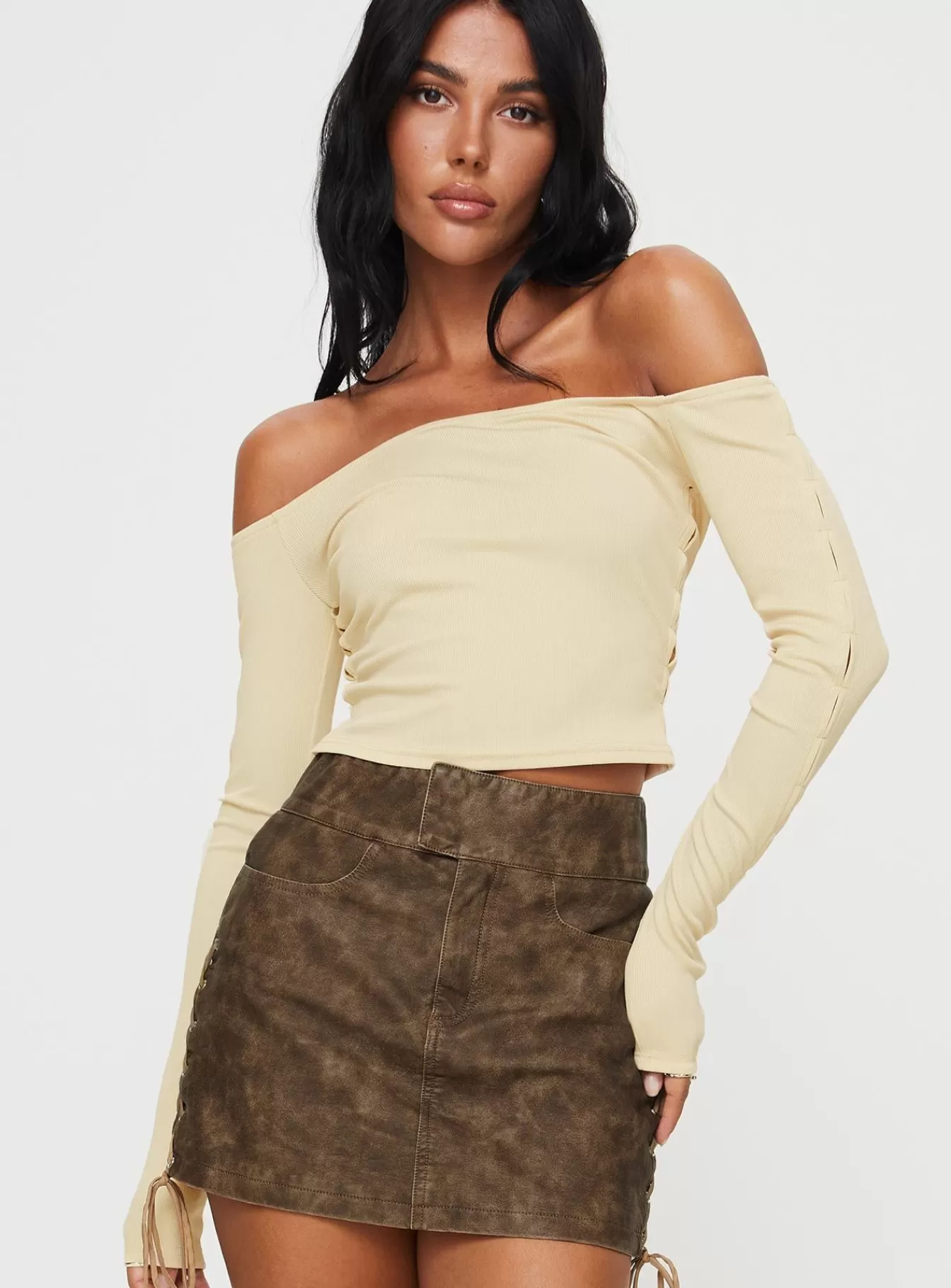 Princess Polly Long Sleeve Tops | Castano Off The Shoulder Top Beige