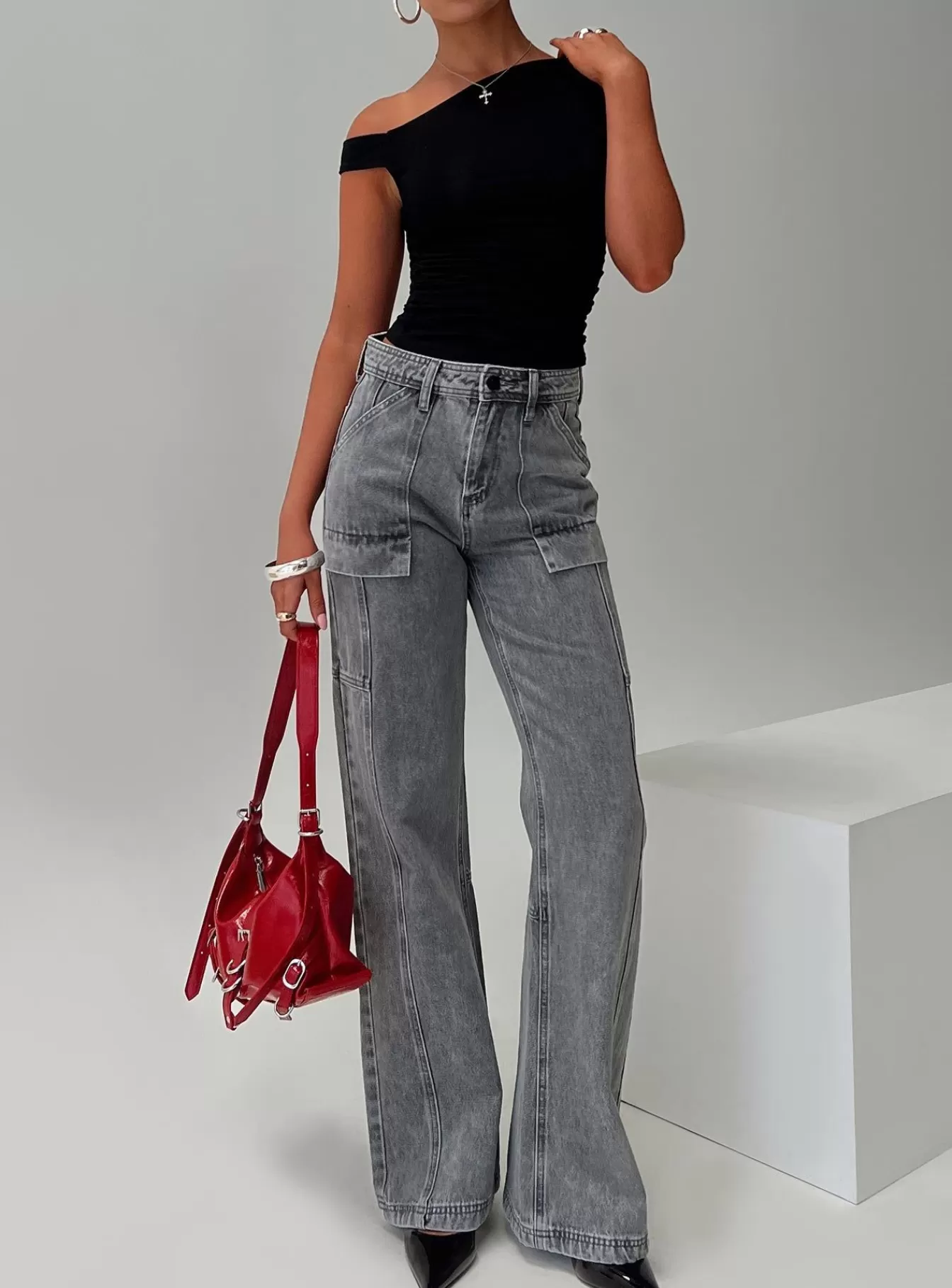 Princess Polly Jeans | Chad Cargo Jeans Denim Grey Wash