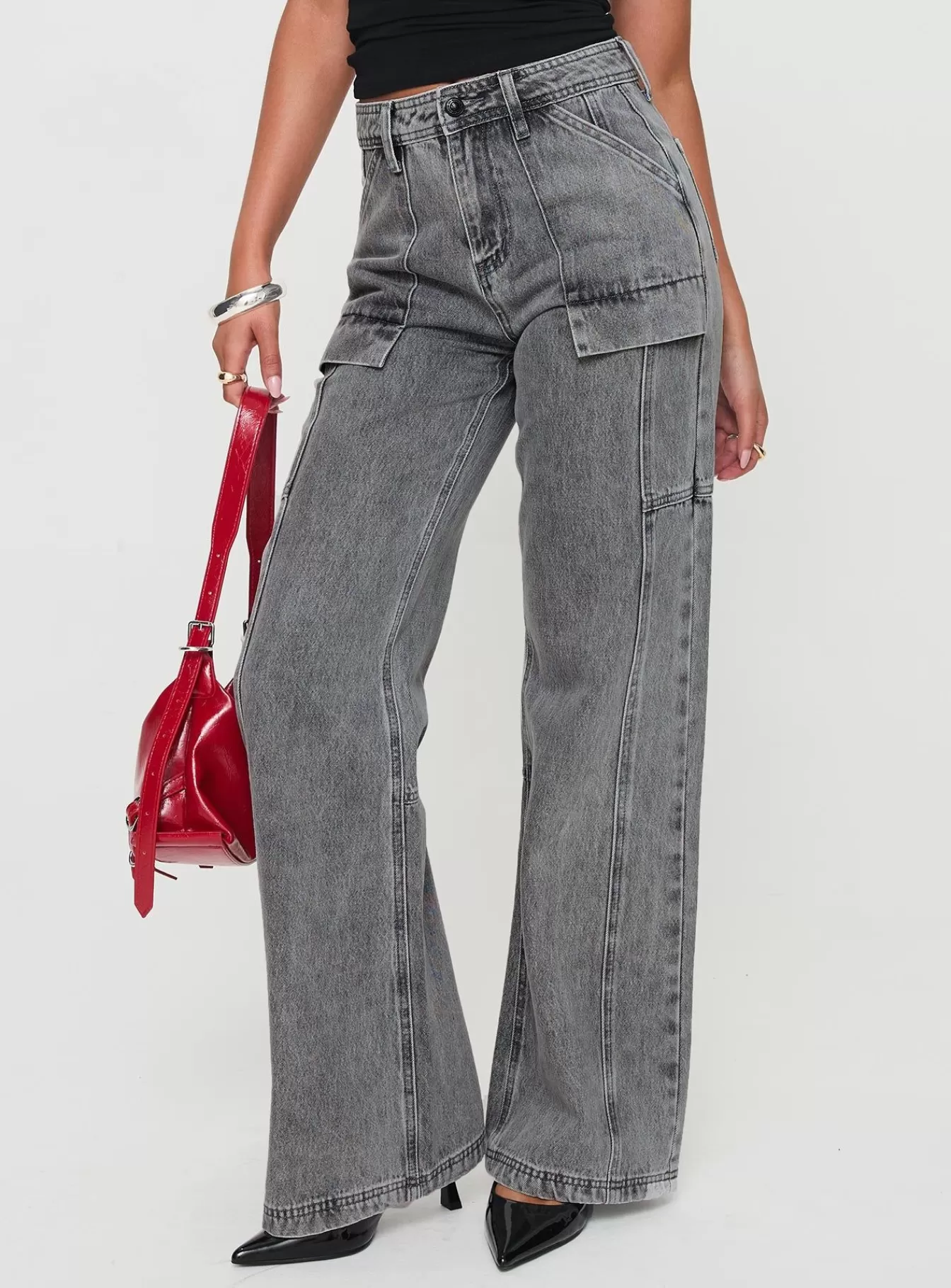 Princess Polly Jeans | Chad Cargo Jeans Denim Grey Wash