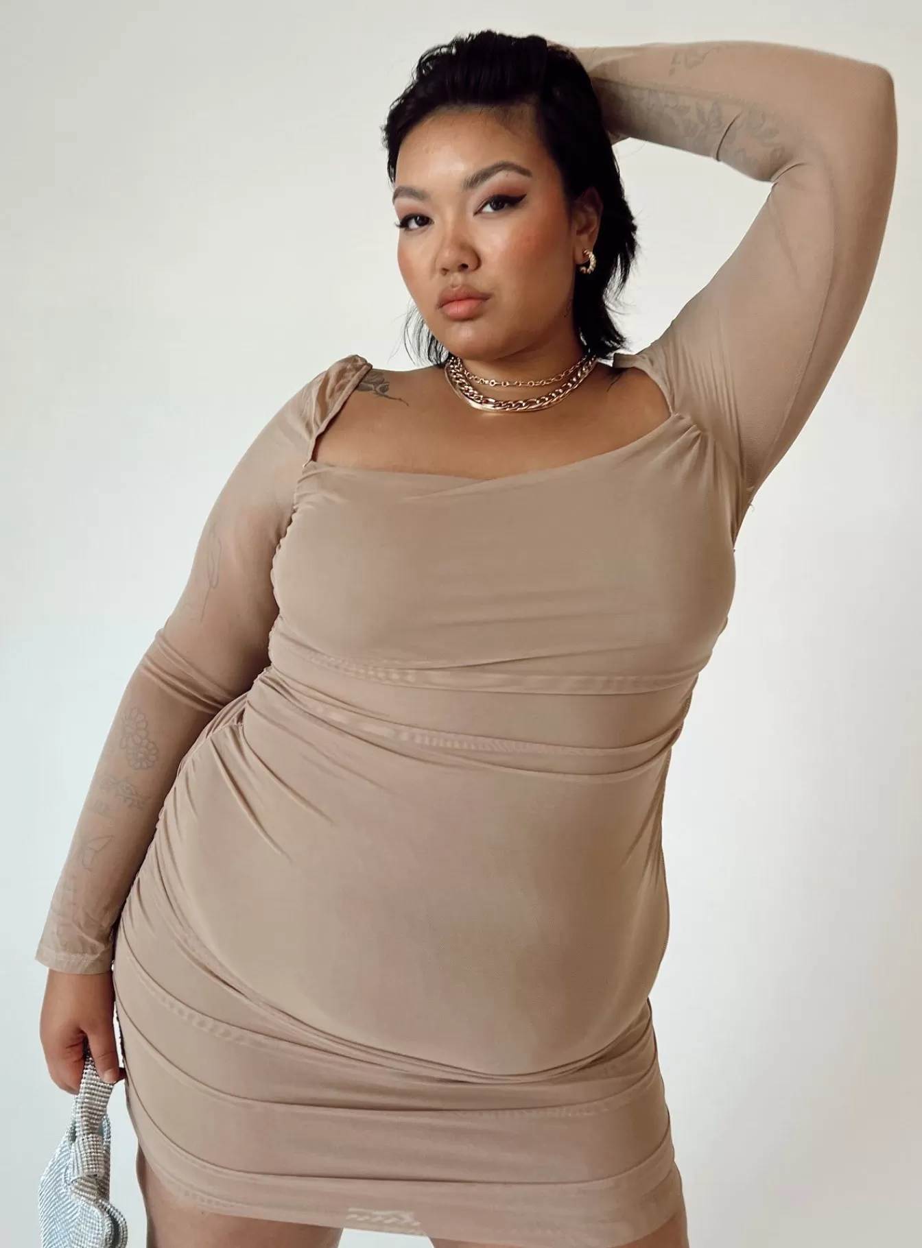 Princess Polly Mini Dresses | Charvi Long Sleeve Mini Dress Curve Tan