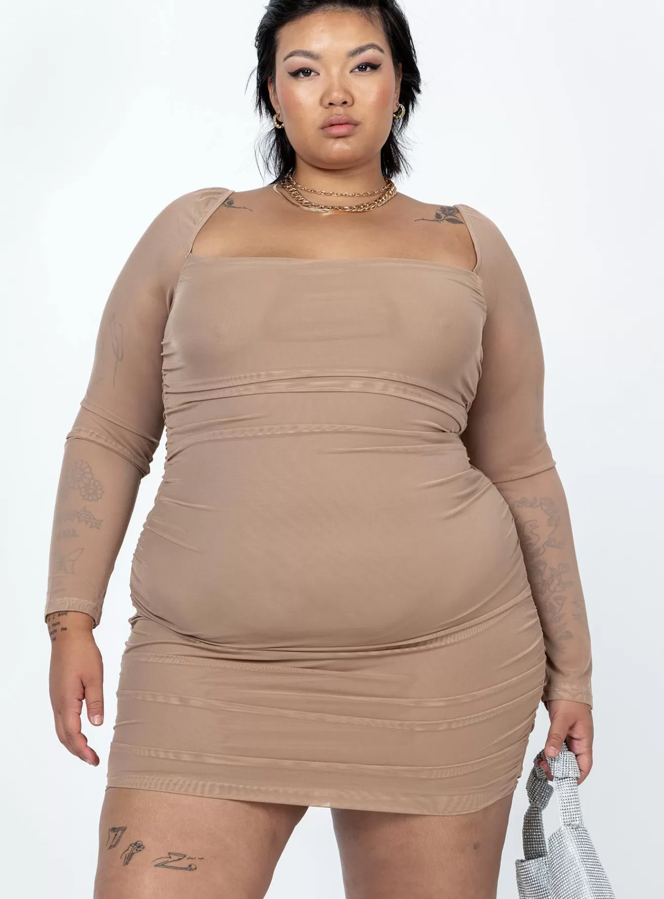 Princess Polly Mini Dresses | Charvi Long Sleeve Mini Dress Curve Tan