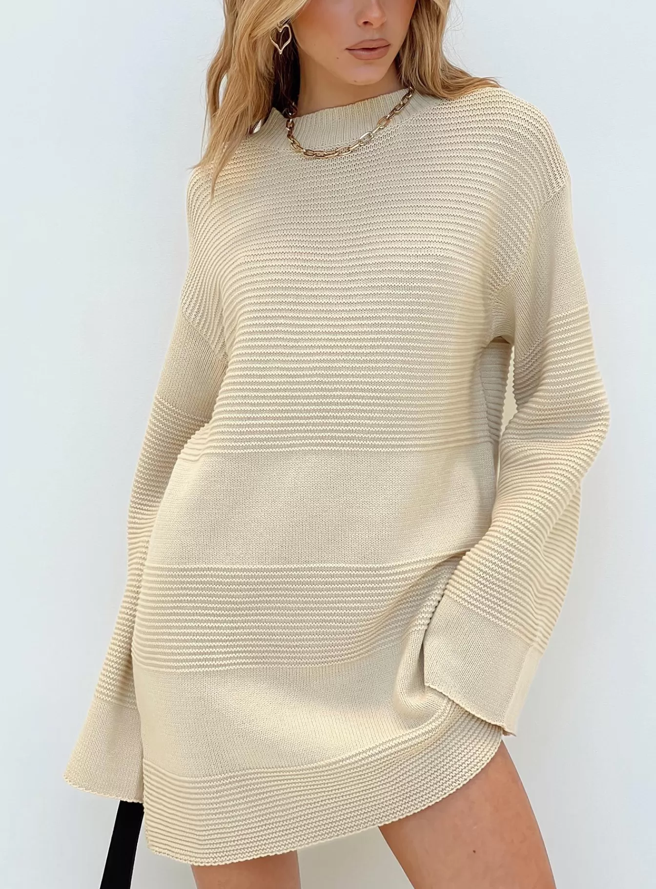 Princess Polly Mini Dresses | Cheyenne Knit Sweater Dress Beige