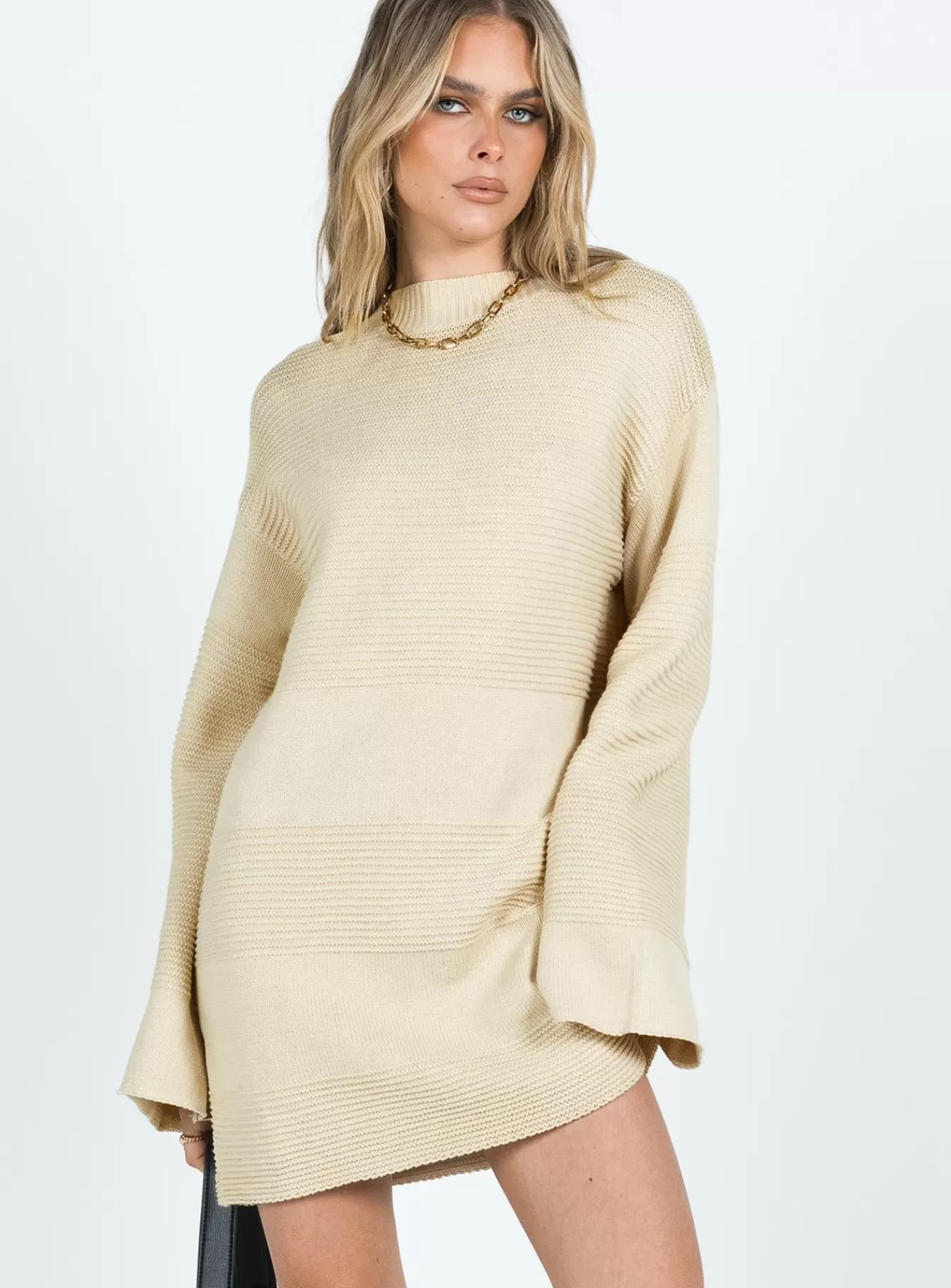 Princess Polly Mini Dresses | Cheyenne Knit Sweater Dress Beige