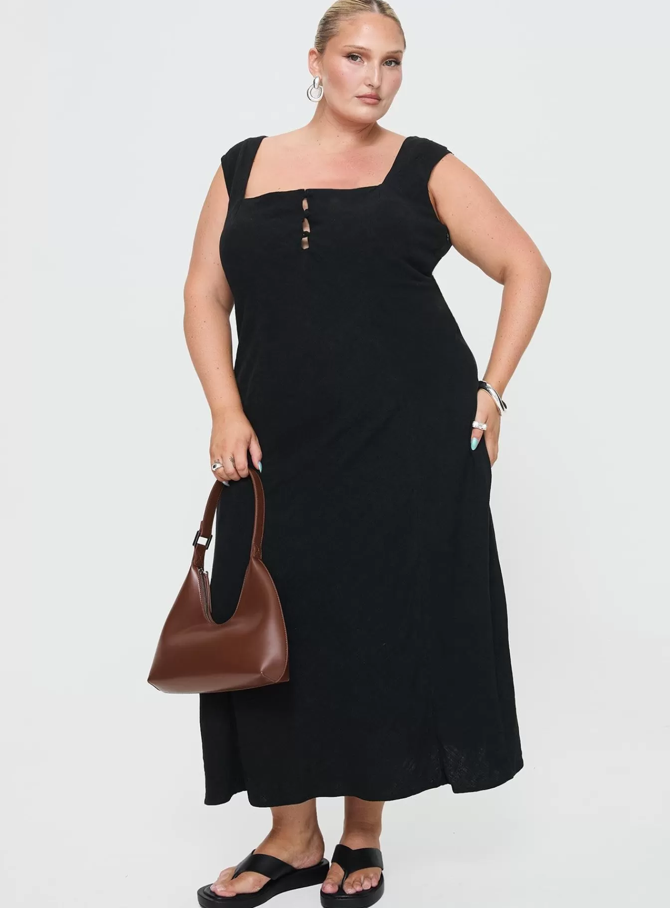 Princess Polly Maxi Dresses | Chosen Girl Linen Blend Maxi Dress Curve Black