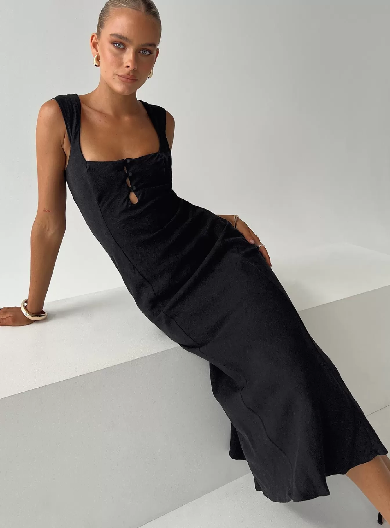 Princess Polly Midi Dresses | Chosen Girl Linen Blend Midi Dress Black