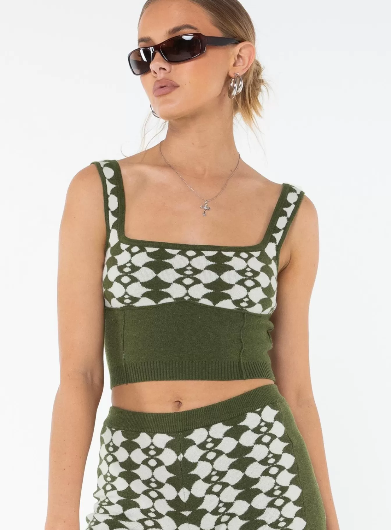 Princess Polly Crop Tops | Cizzi Geo Knit Top Green / White Multi