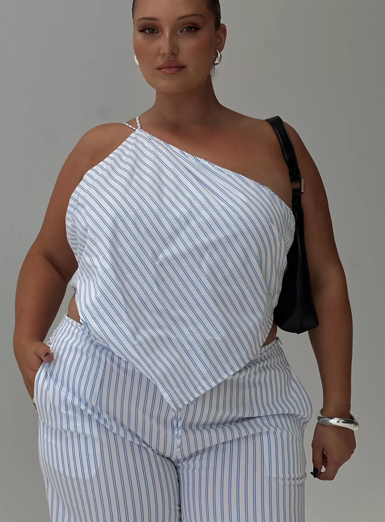 Princess Polly Tanks & Strapless Tops | Collied Asymmetric Top Curve Blue / White Stripe