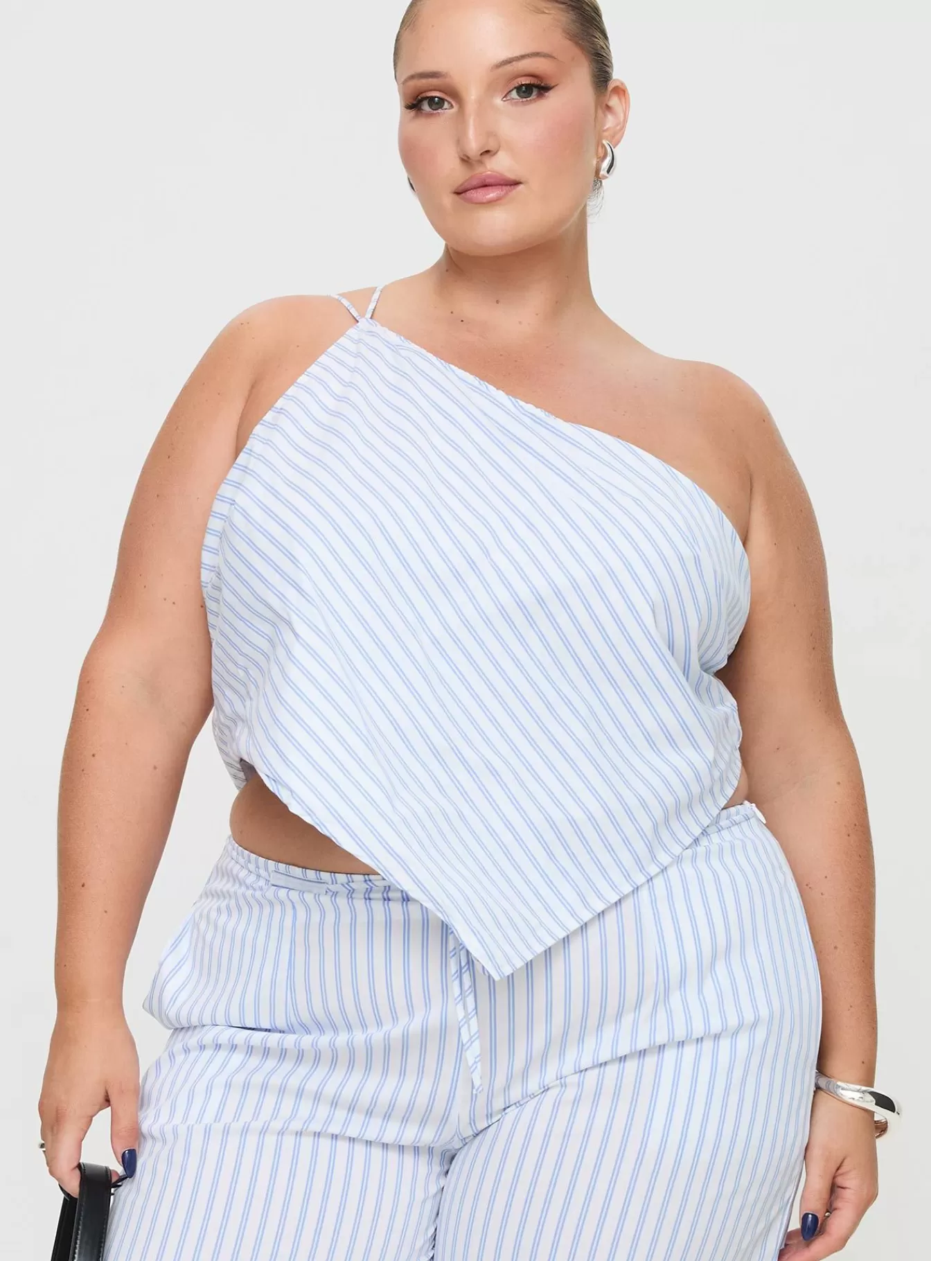 Princess Polly Tanks & Strapless Tops | Collied Asymmetric Top Curve Blue / White Stripe