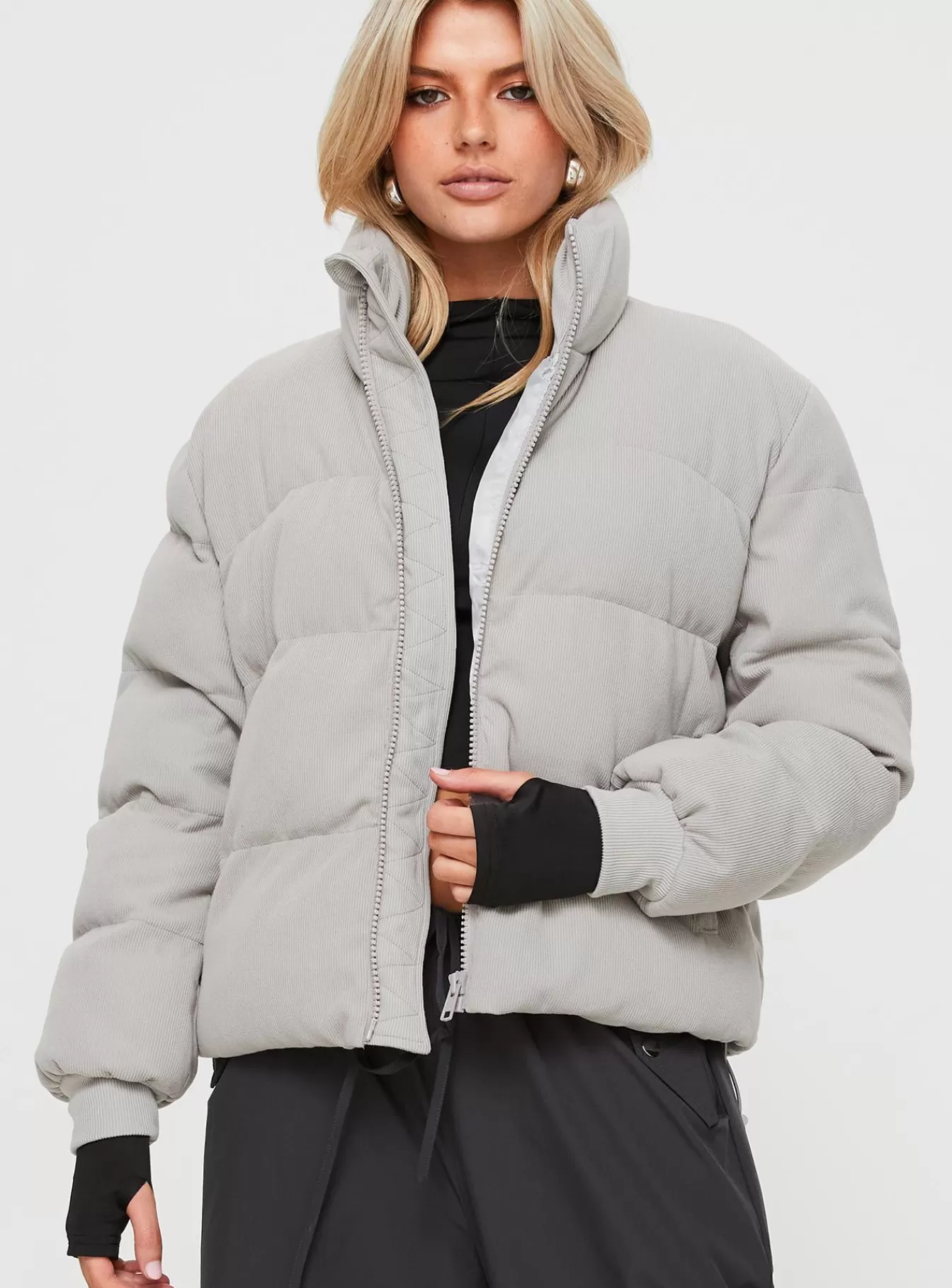 Princess Polly Puffer Jackets | Darrow Ribbed Puffer Jacket Grey
