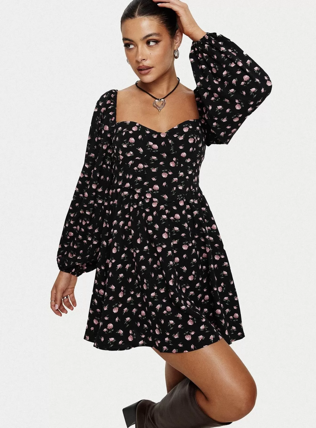 Princess Polly Mini Dresses | Darso Long Sleeve Mini Dress Black Floral