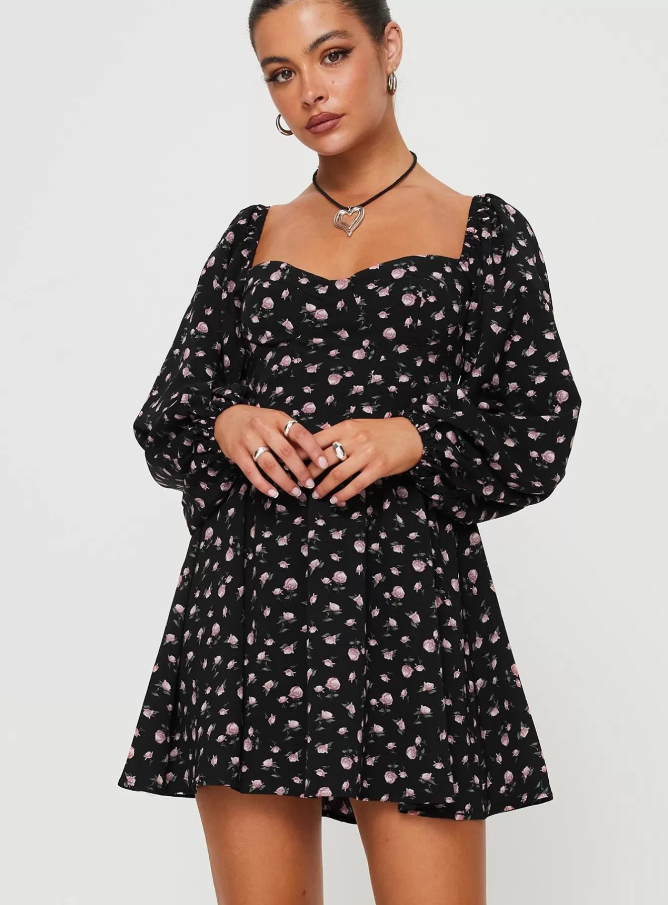 Princess Polly Mini Dresses | Darso Long Sleeve Mini Dress Black Floral