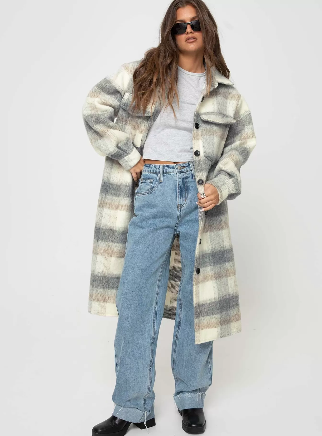 Princess Polly Coats | Deasia Check Coat Grey / Beige Grey/Beige
