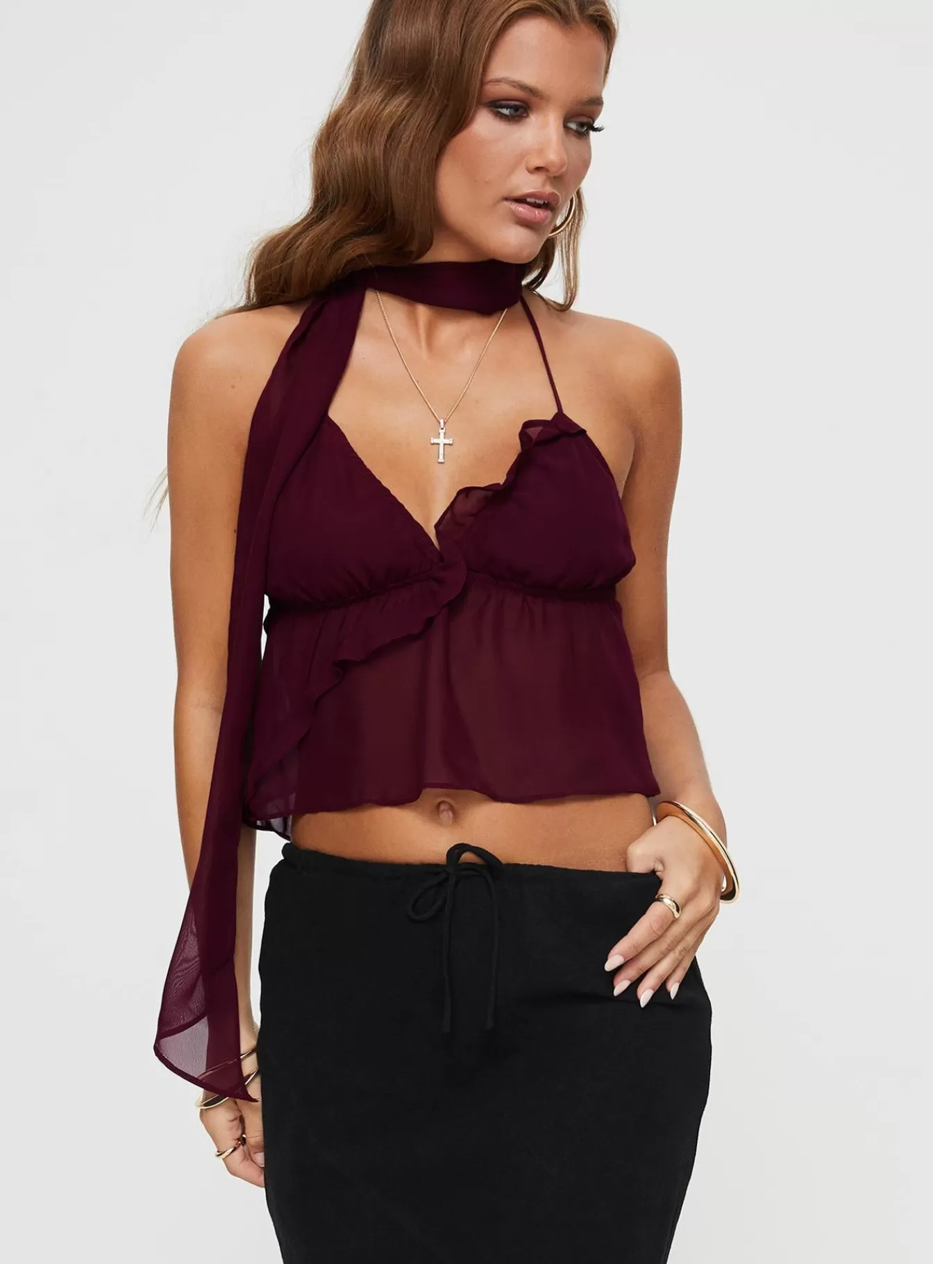 Princess Polly Crop Tops | Demi Frill Top Burgundy