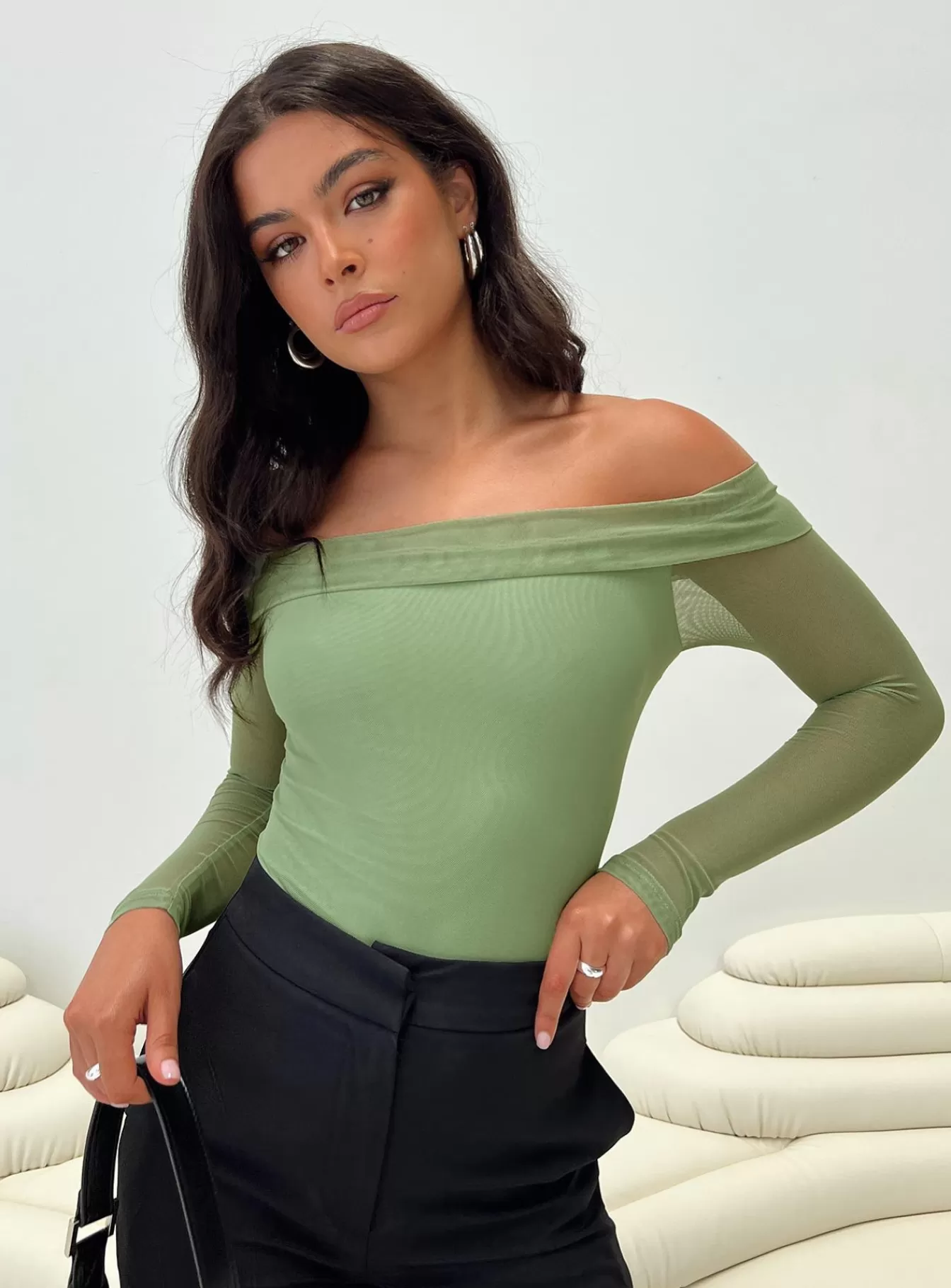 Princess Polly Long Sleeve Tops | Doza Off The Shoulder Bodysuit Green