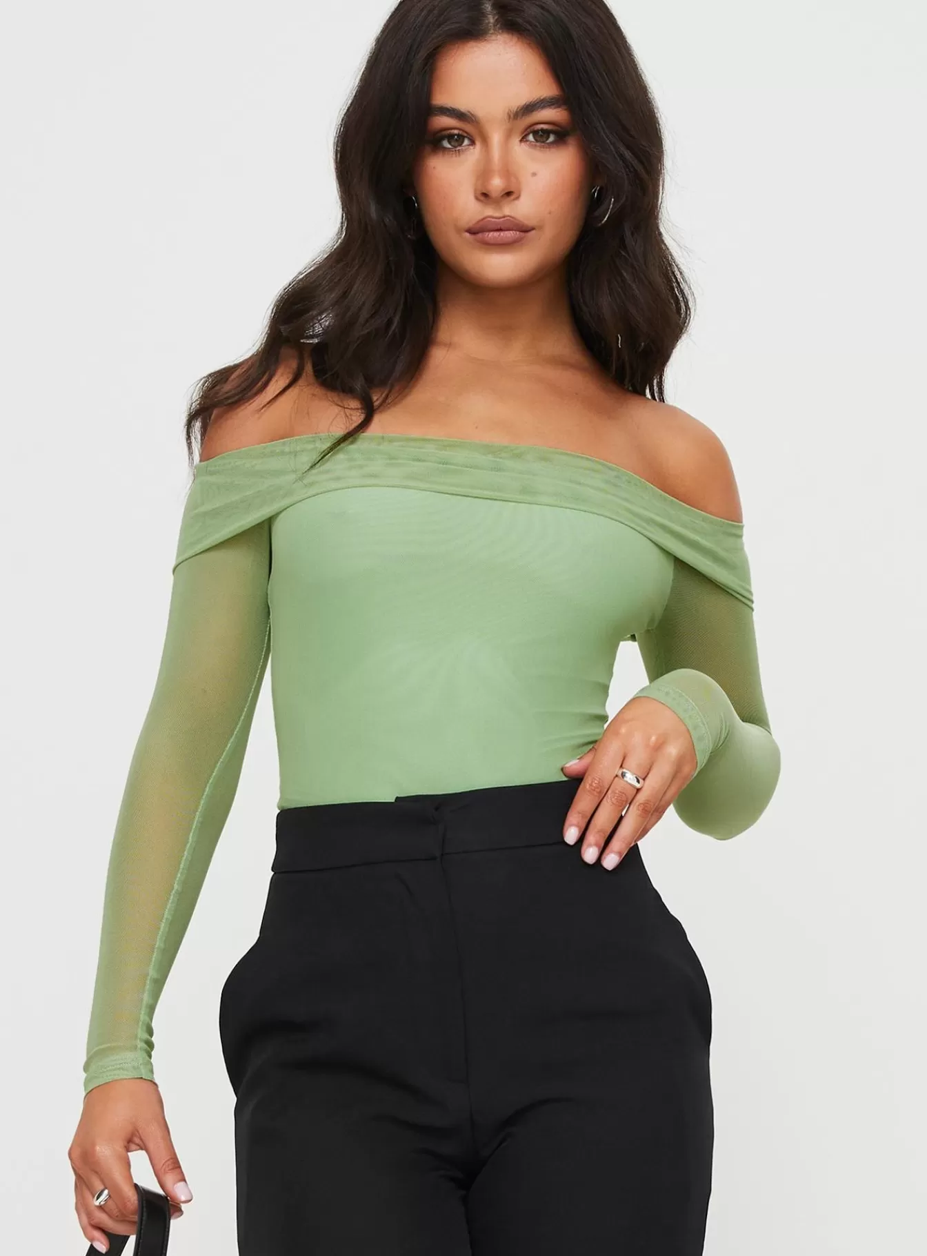 Princess Polly Long Sleeve Tops | Doza Off The Shoulder Bodysuit Green