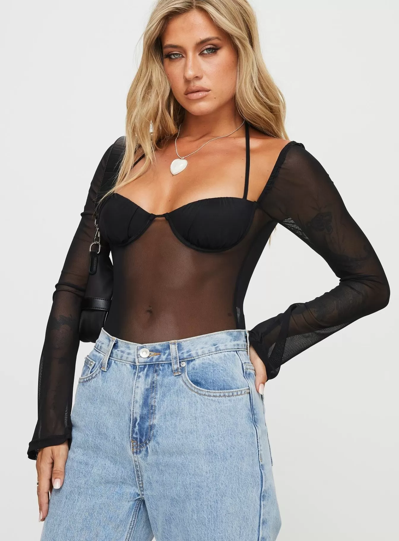 Princess Polly Long Sleeve Tops | Dyer Sheer Sleeve Bodysuit Black