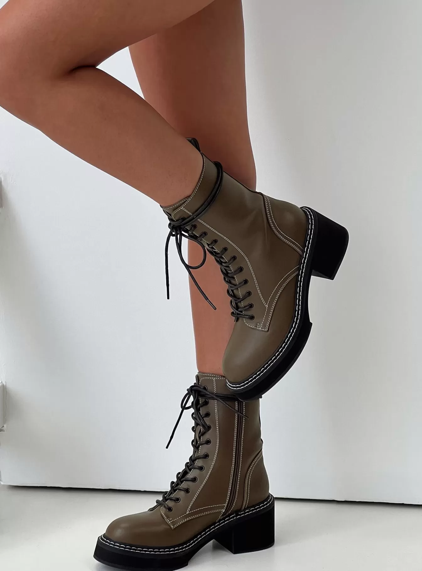 Princess Polly Boots | Exa Combat Boots Olive Green