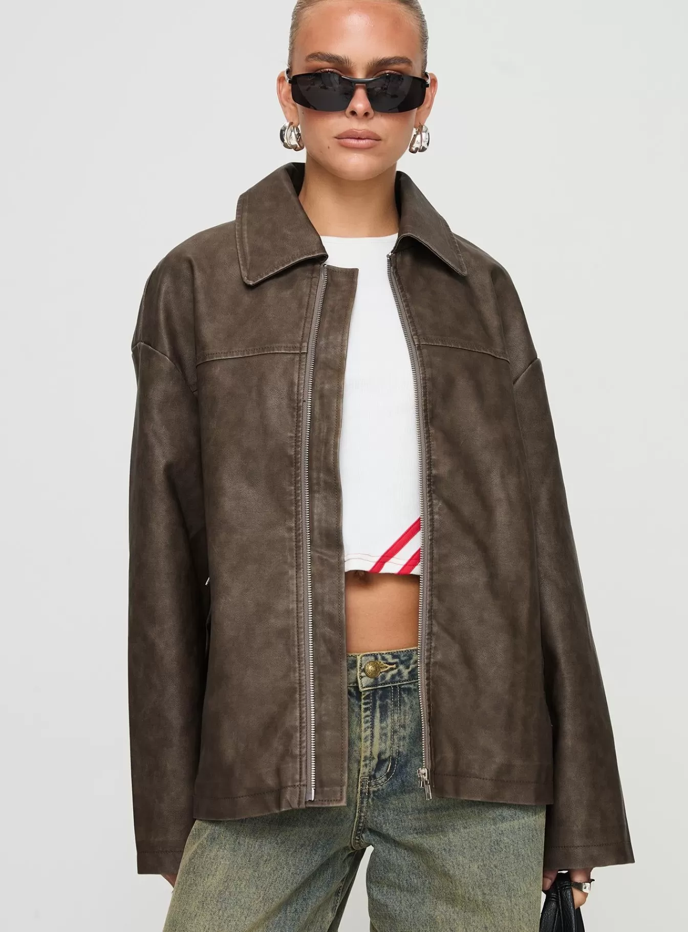 Princess Polly Leather Jackets | Faux Leather Collared Dad Jacket Washed Brown