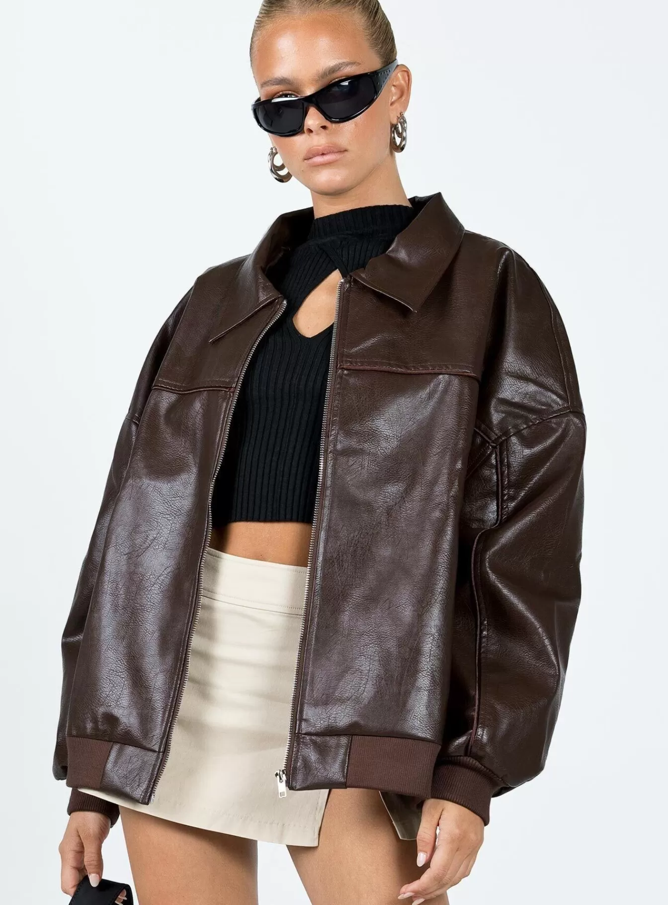 Princess Polly Leather Jackets | Goldsmith Faux Leather Bomber Jacket Brown