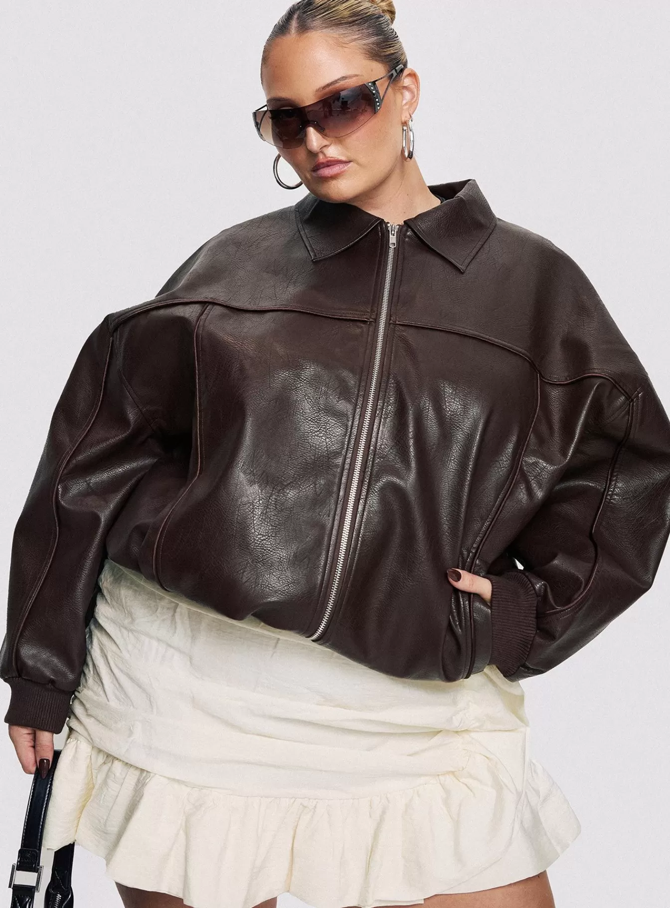 Princess Polly Leather Jackets | Goldsmith Faux Leather Bomber Jacket Curve Brown