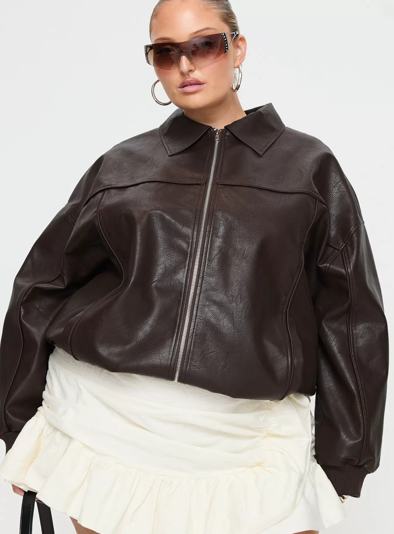 Princess Polly Leather Jackets | Goldsmith Faux Leather Bomber Jacket Curve Brown