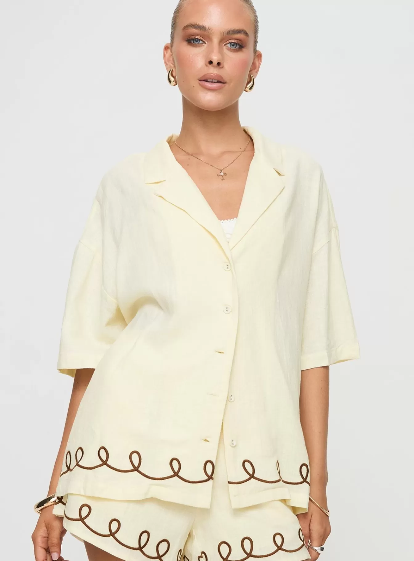 Princess Polly Shirts & Blouses | Jamari Linen Blend Shirt Cream / Brown