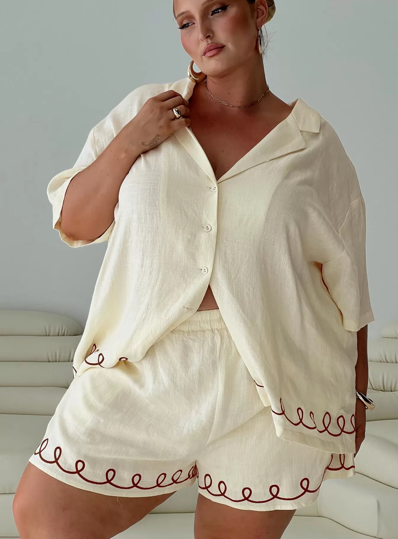 Princess Polly Spring Tops | Jamari Linen Blend Shirt Curve Cream / Brown